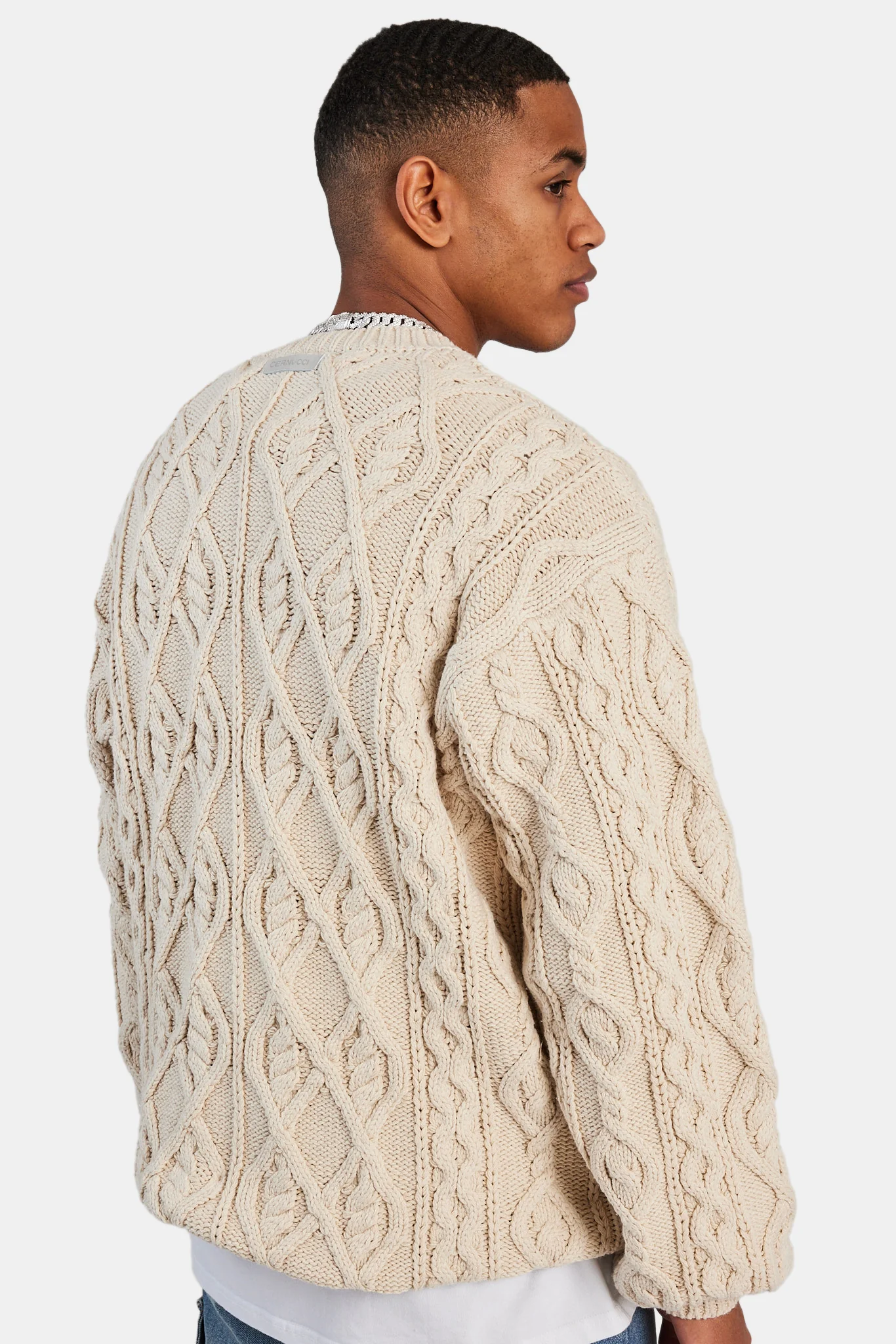 Cable Knit Varsity Sweater - Beige - Image 4