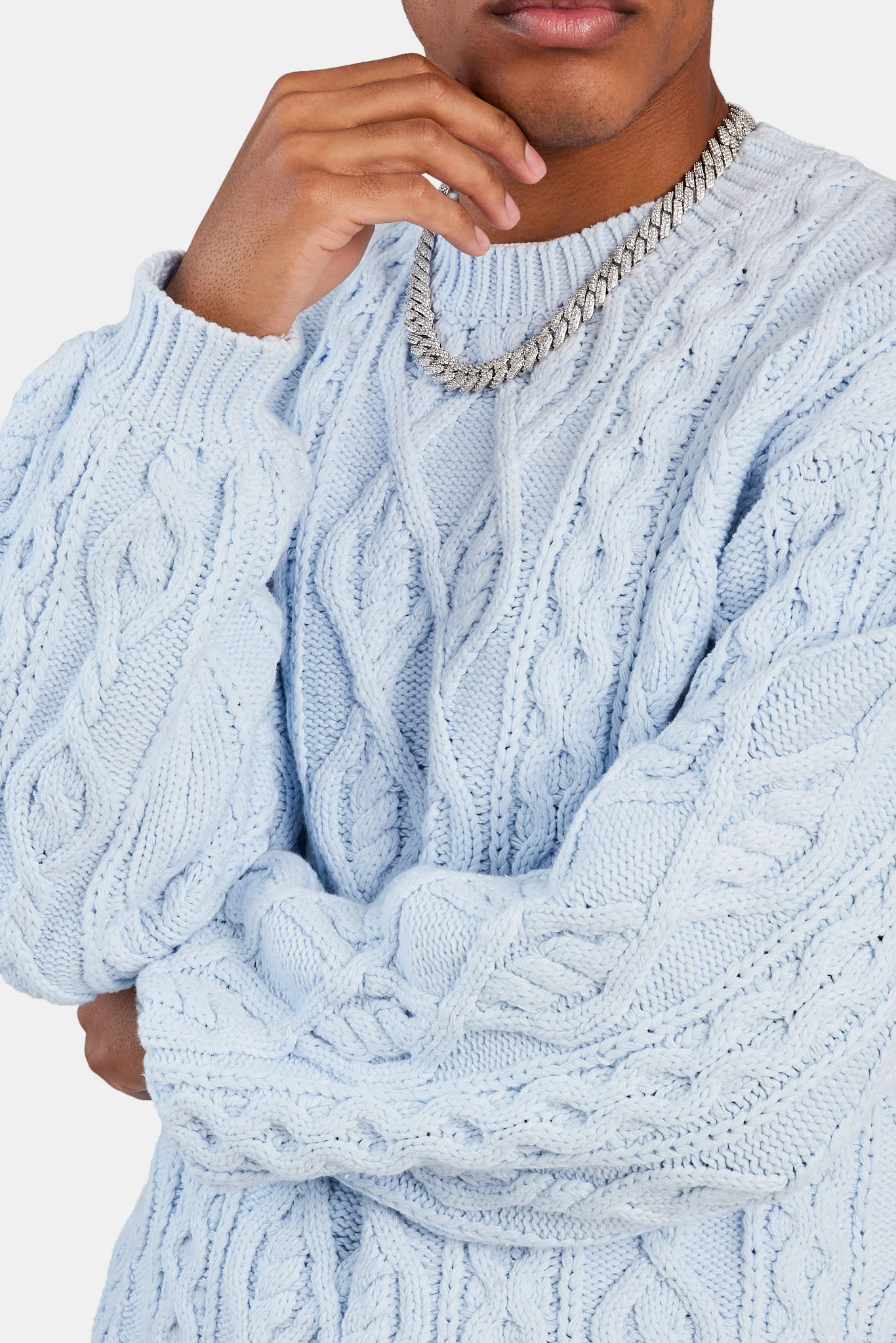 Cable Knit Varsity Sweater - Blue - Image 5