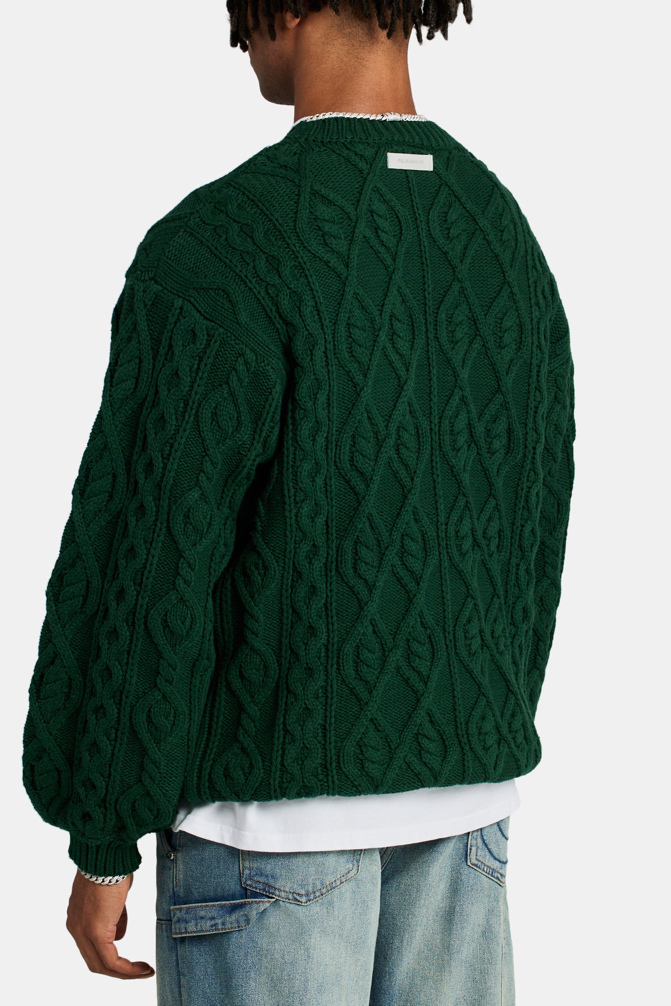 Cable Knit Varsity Sweater  - Forest Green - Image 2