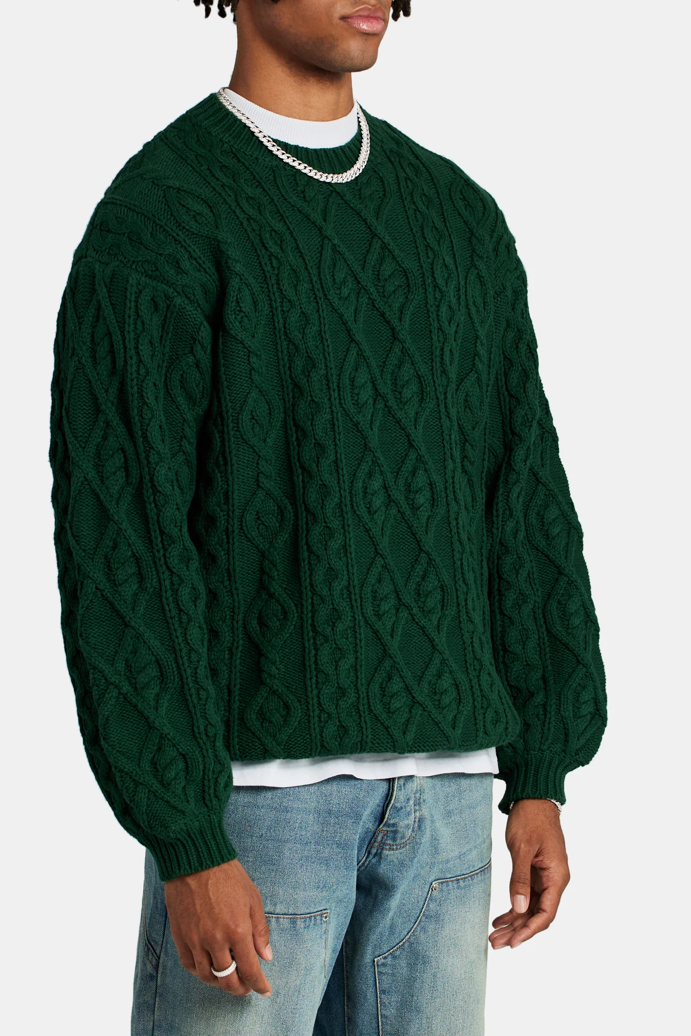 Cable Knit Varsity Sweater  - Forest Green - Image 3