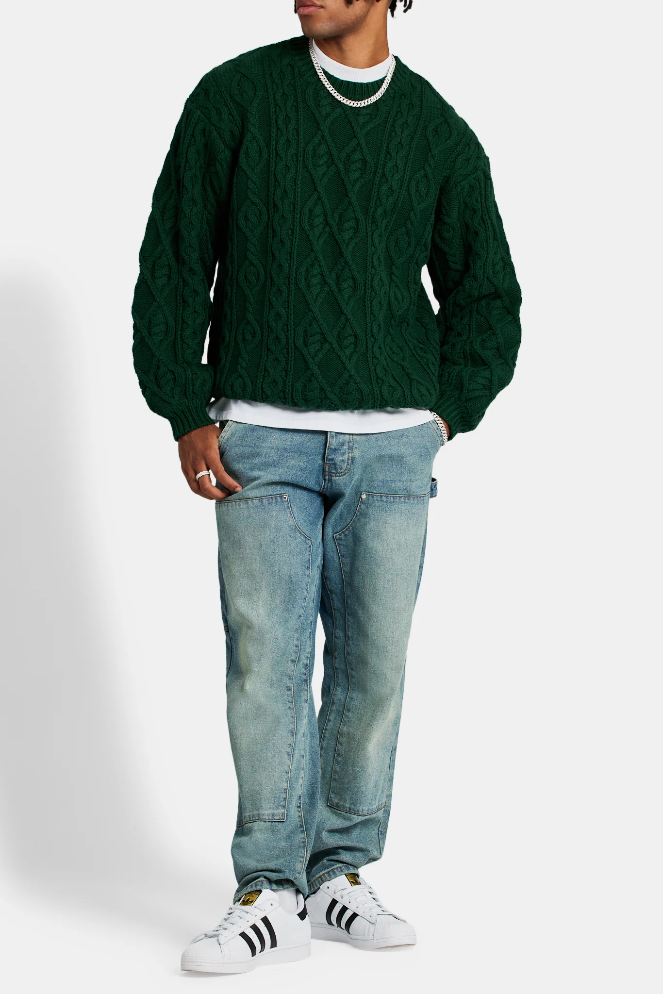 Cable Knit Varsity Sweater  - Forest Green - Image 4