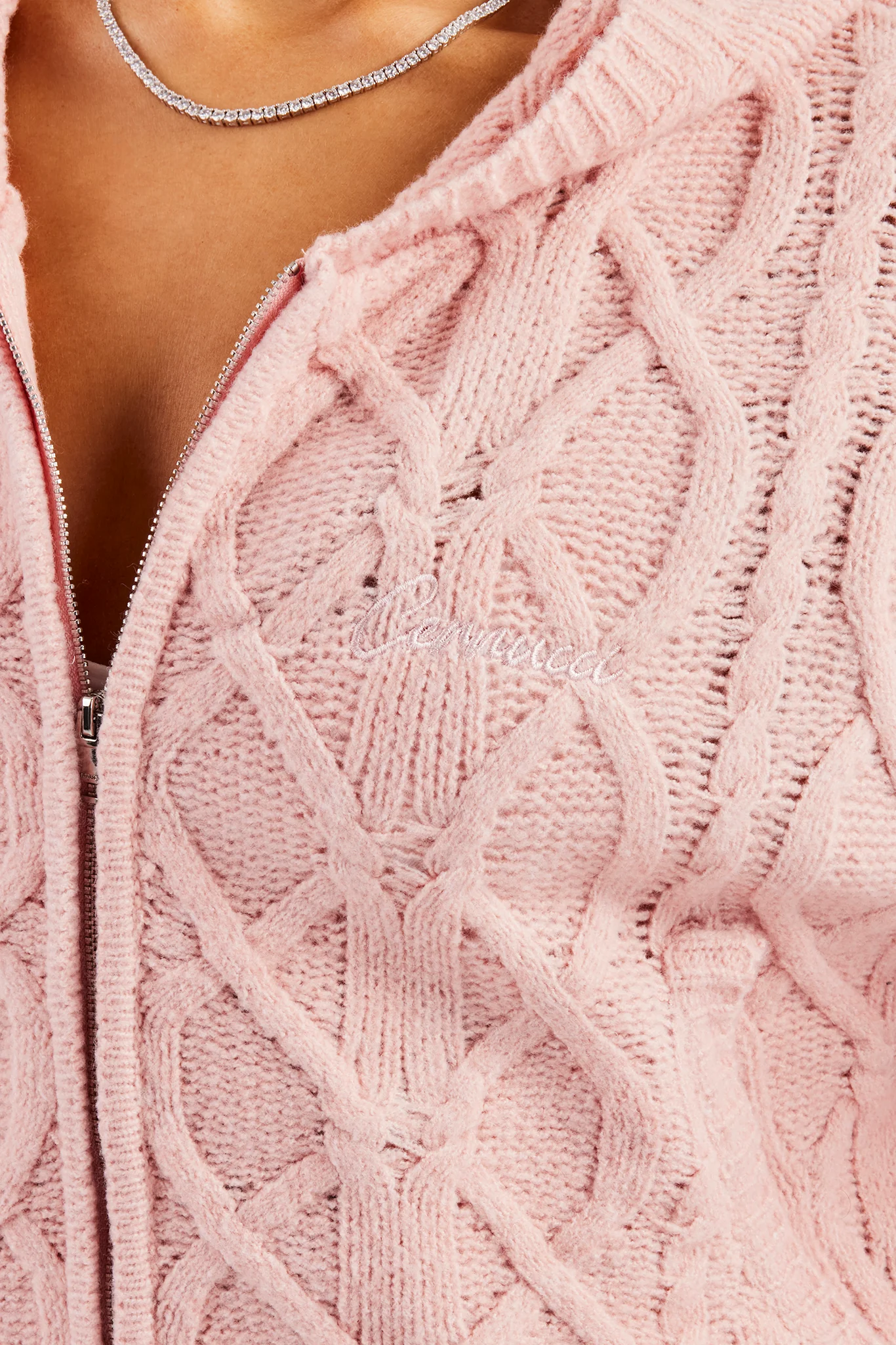Cable Knit Zip Through Knit Hoodie - Baby Pink - Image 3