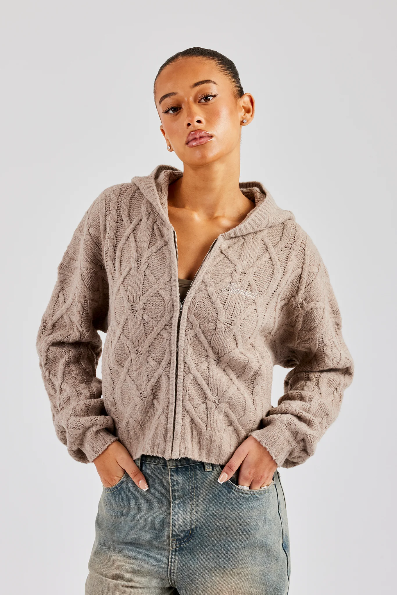 Cable Knit Zip Through Knit Hoodie - Stone - Image 4