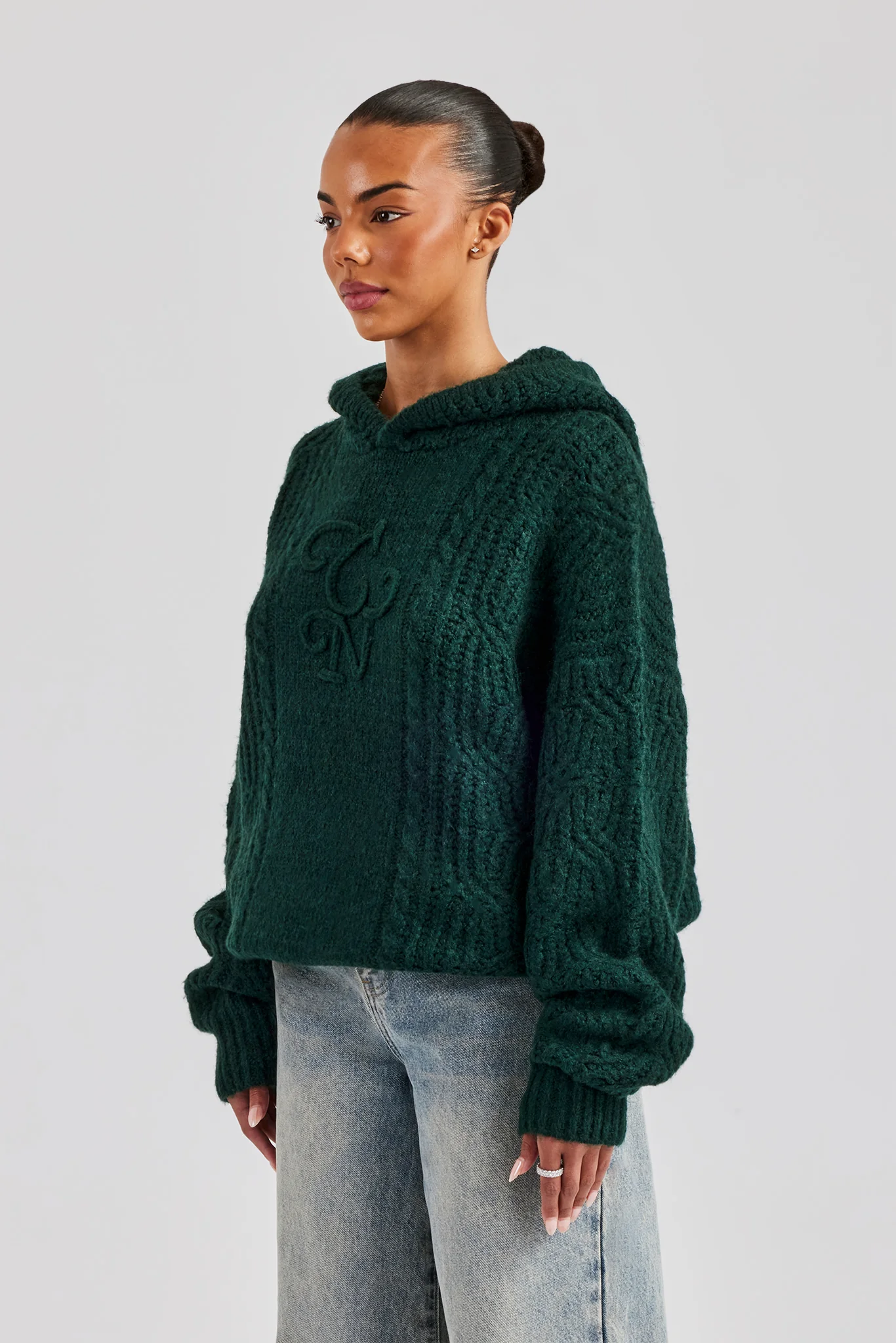 CCC Spliced Cable Knit Hoodie - Forest Green - Image 2