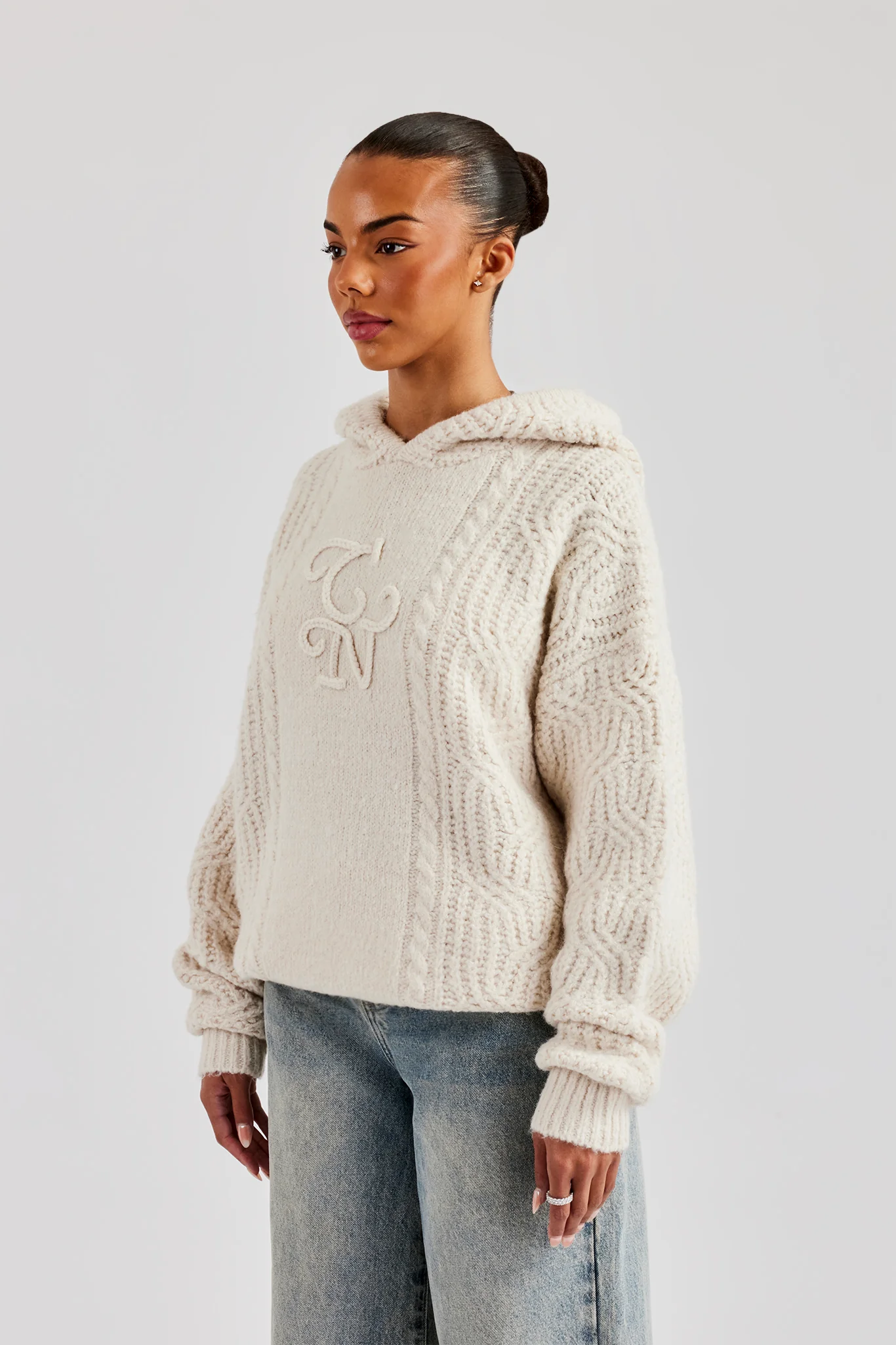 CCC Spliced Cable Knit Hoodie - Off White - Image 3