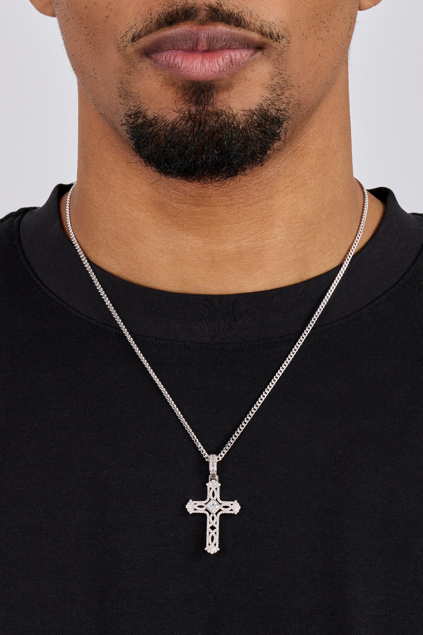 Centre Stone Cross Pendant Necklace - 25mm - White - Image 2
