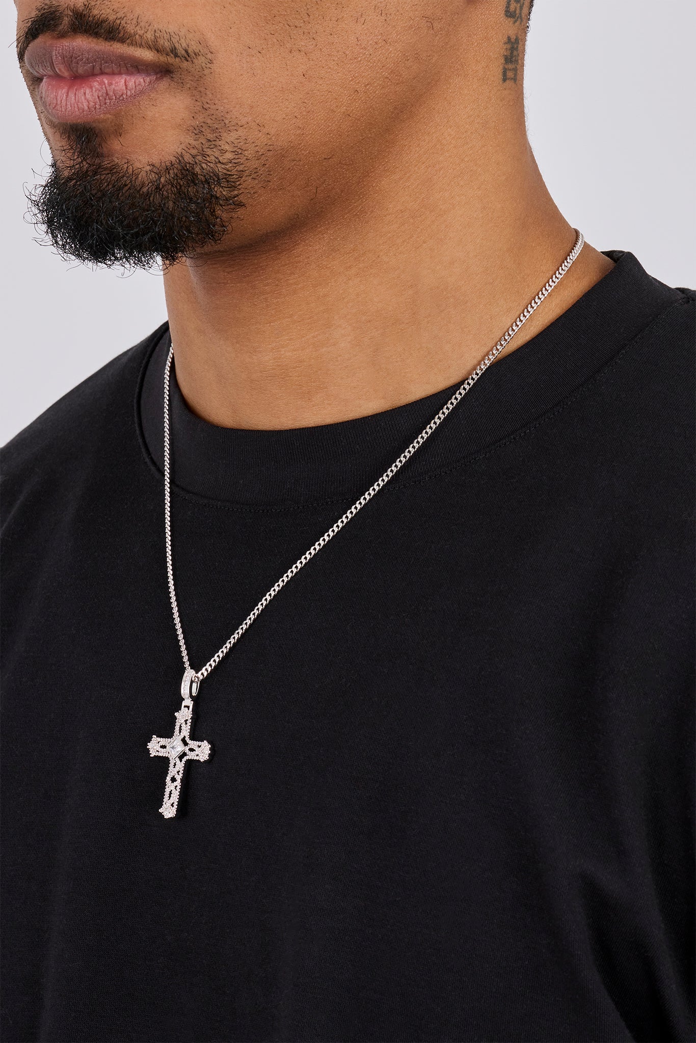 Centre Stone Cross Pendant Necklace - 25mm - White - Image 4