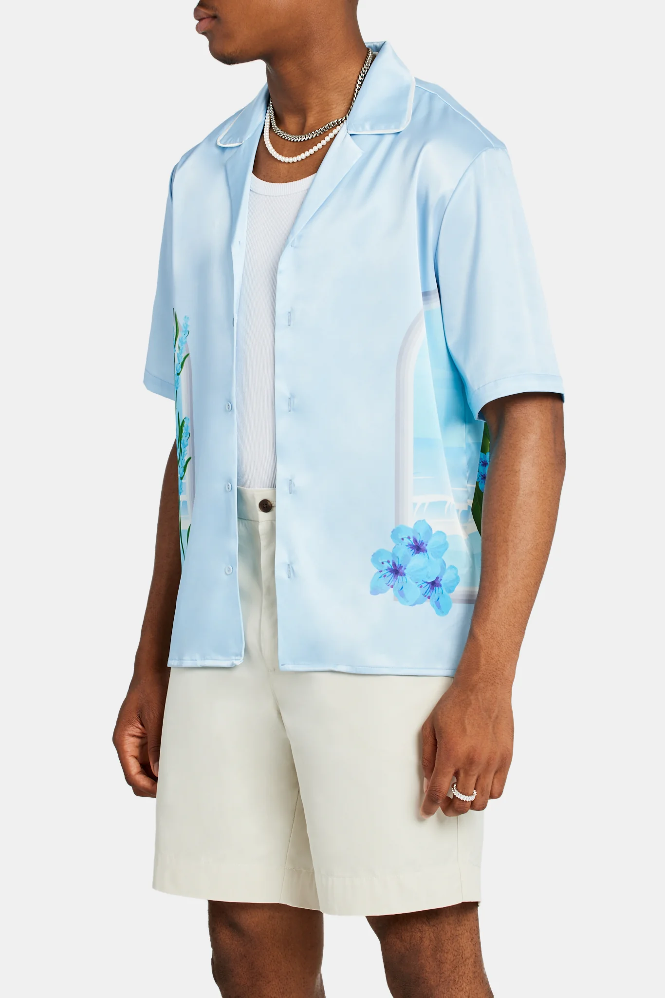 Cernucci Beach Hut Graphic Satin Shirt - Light Blue - Image 3
