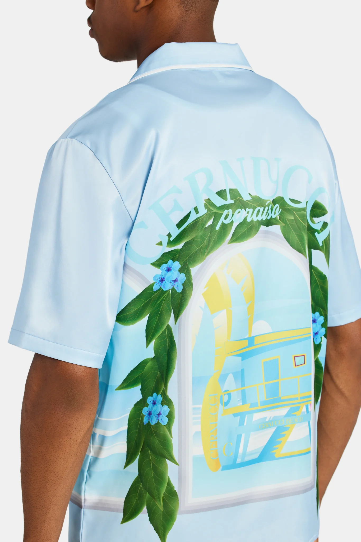 Cernucci Beach Hut Graphic Satin Shirt - Light Blue - Image 4