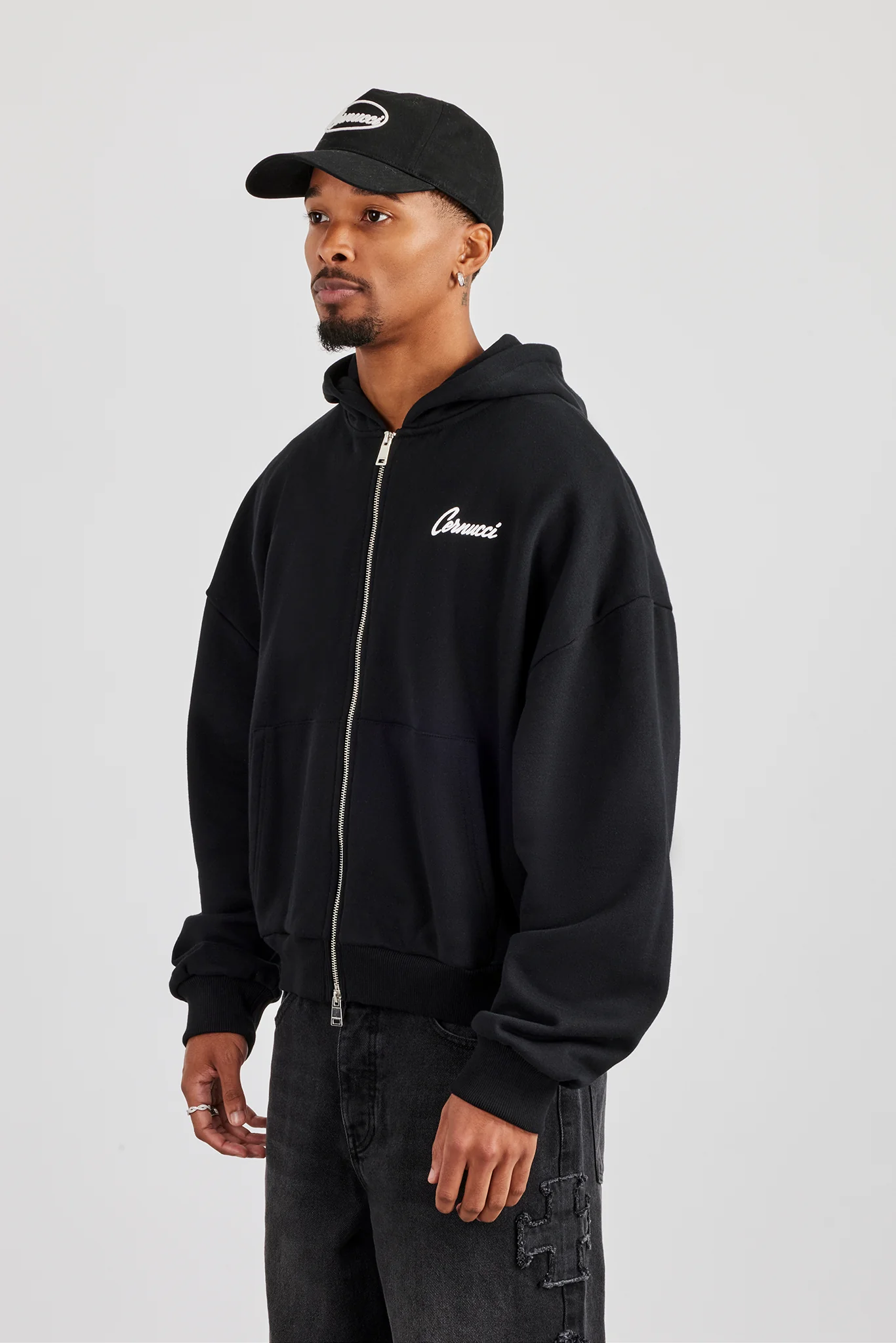 Cernucci Cherub Zip Through Boxy Hoodie - Black - Image 3