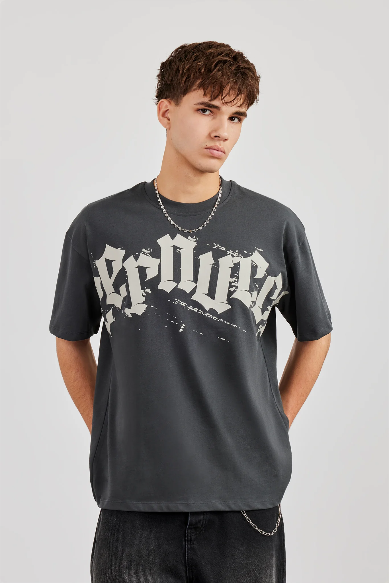 Cernucci Chest Print Oversized T-Shirt - Charcoal - Image 4