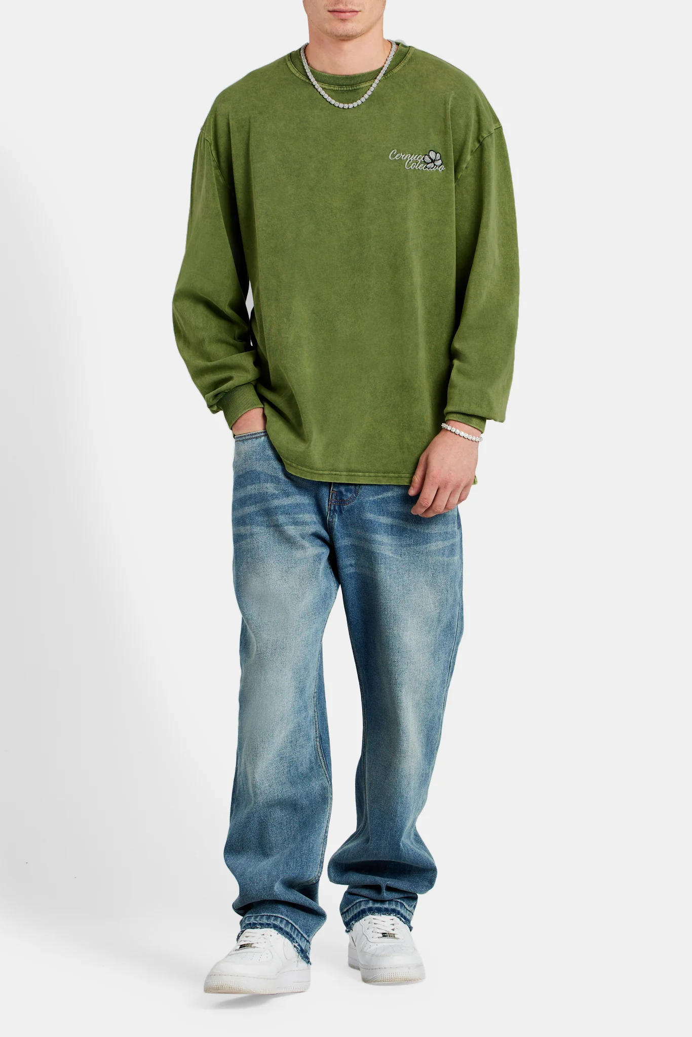 Cernucci Collection Washed Oversized Long Sleeve T-Shirt - Green - Image 3