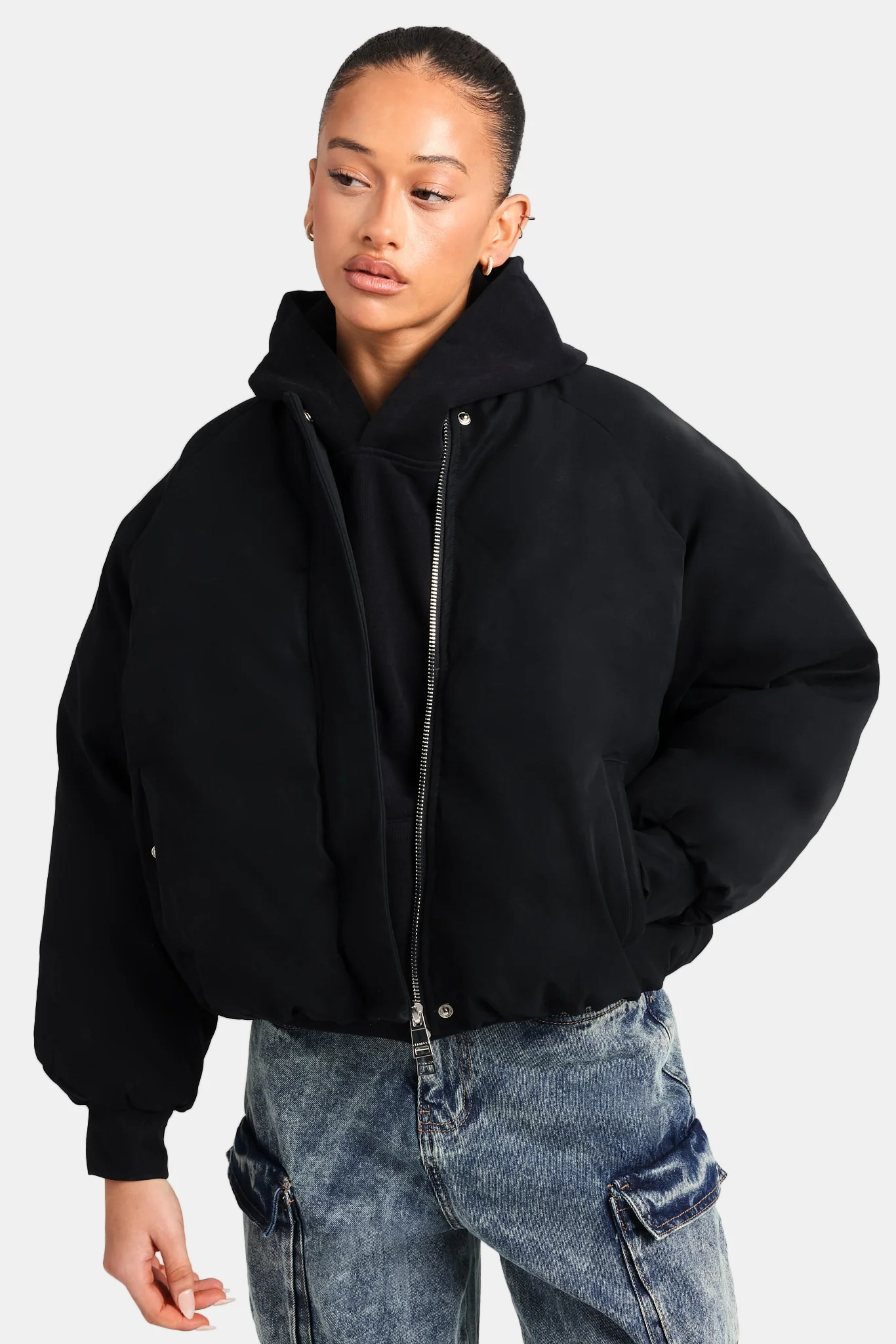 Cernucci Cropped PU Puffer Bomber Jacket - Black - Image 2