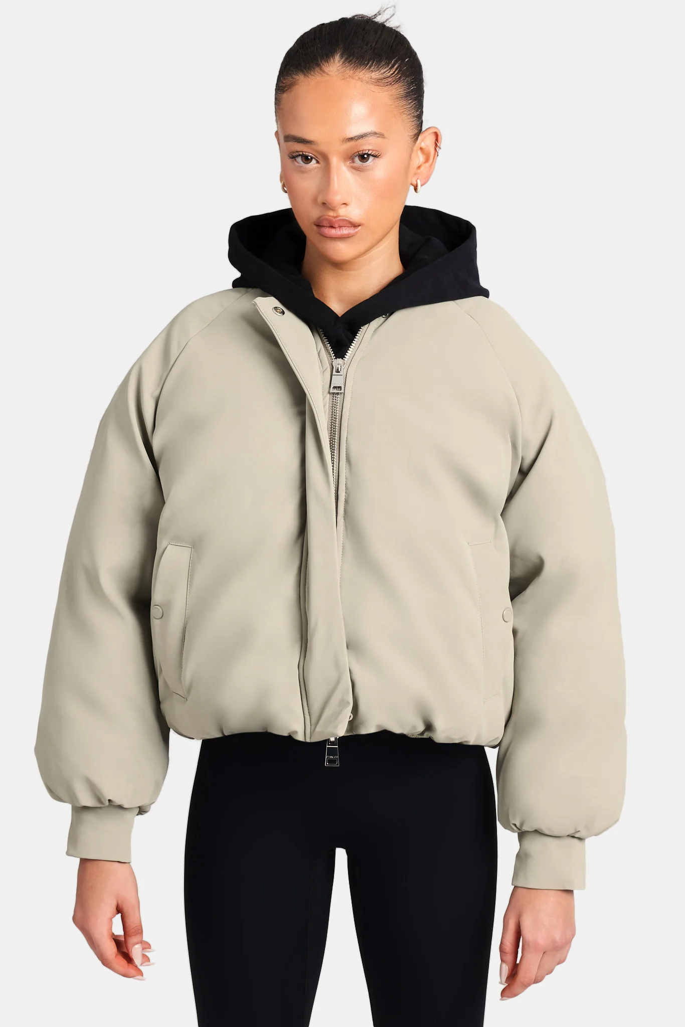 Cernucci Cropped PU Puffer Bomber Jacket - Sage - Image 4