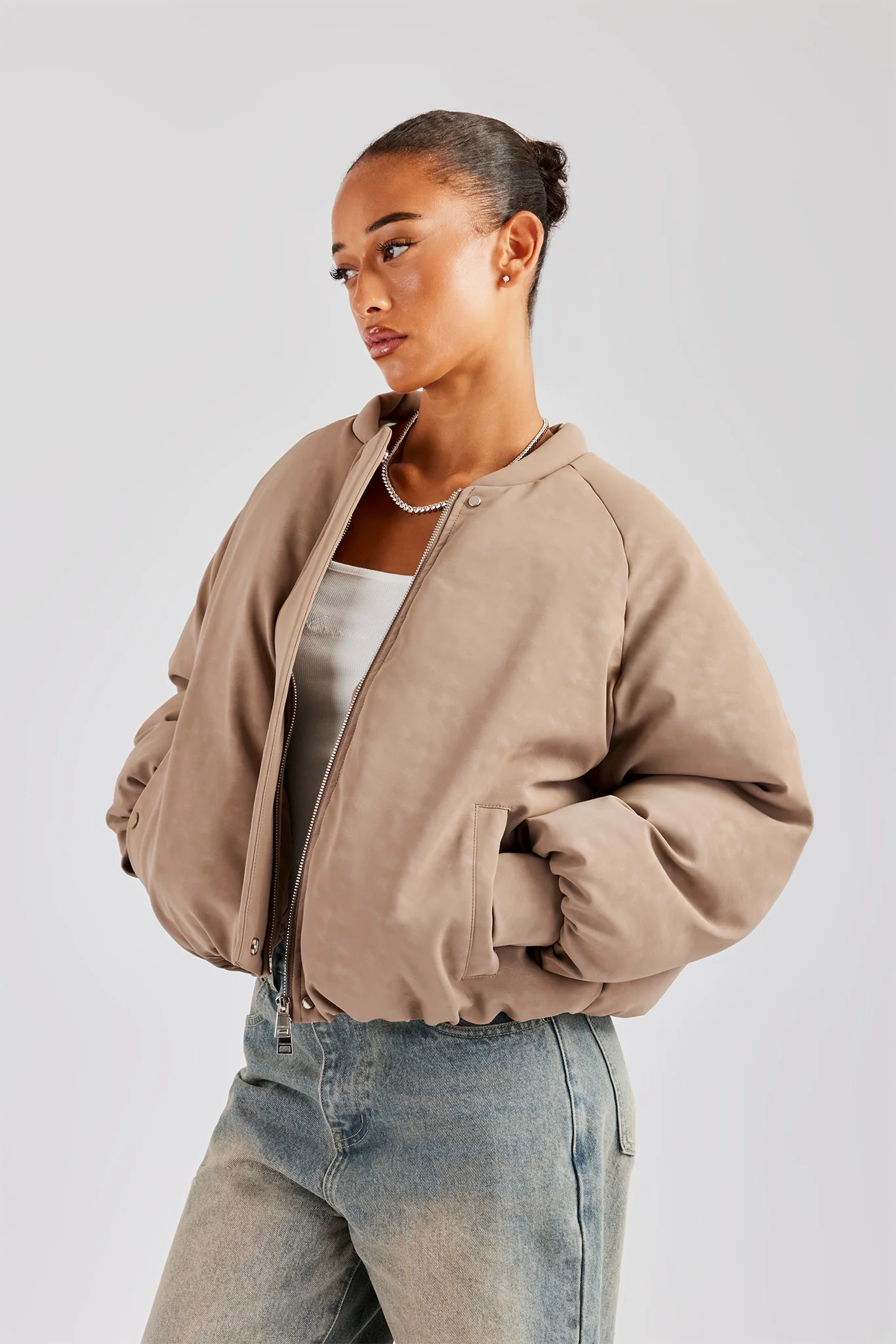 Cernucci Cropped PU Puffer Bomber Jacket - Taupe - Image 2