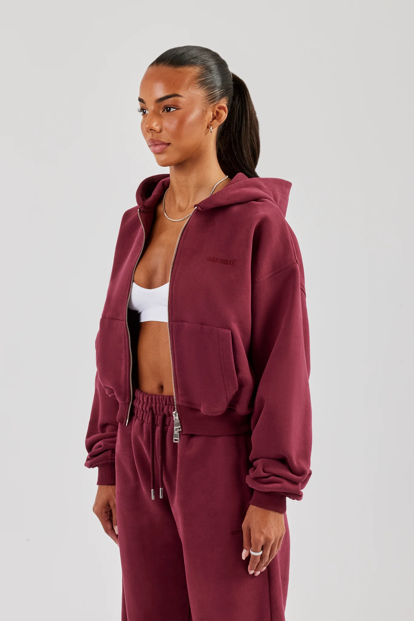 Cernucci Cropped Zip Through Hoodie - Burgundy - Image 3