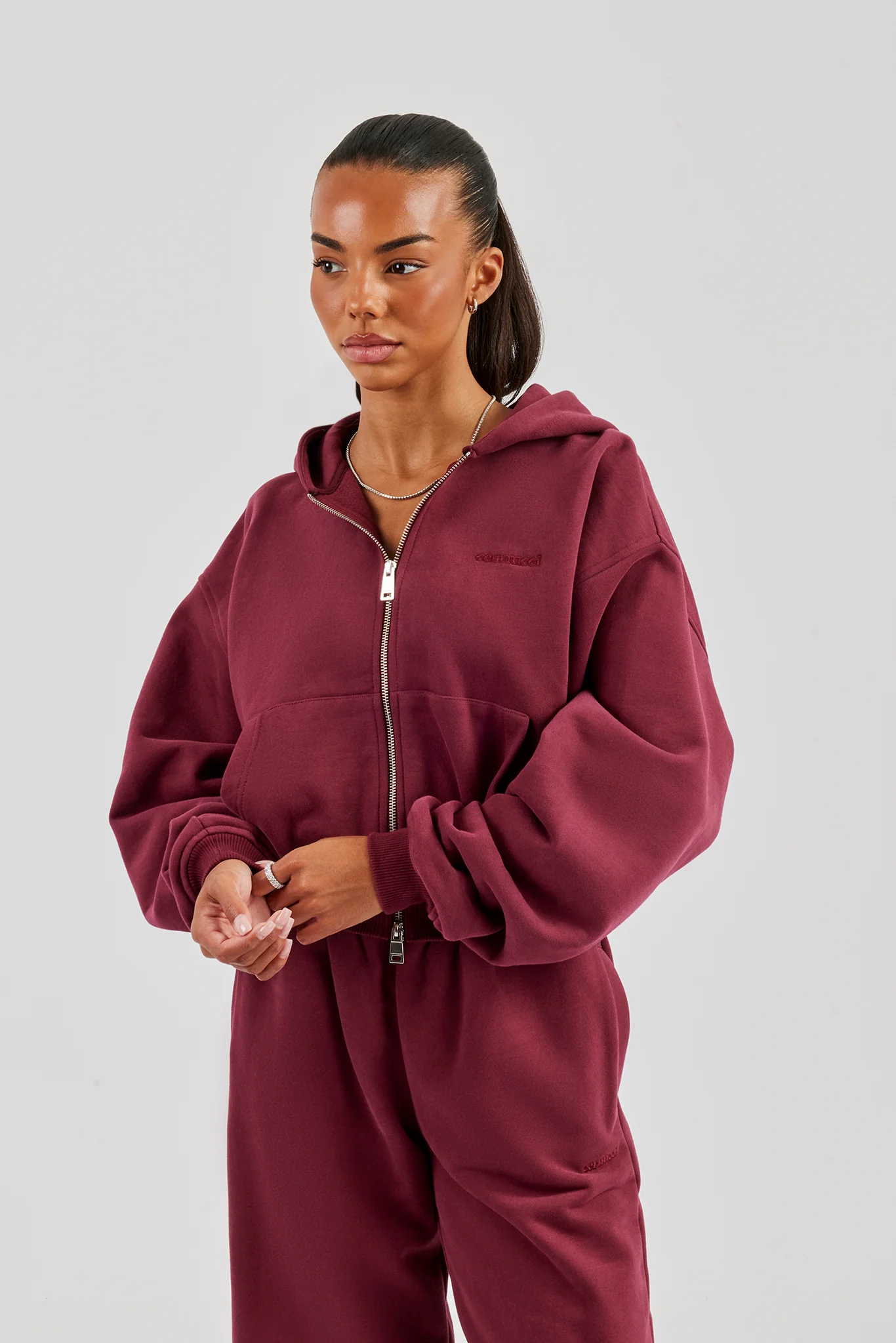 Cernucci Cropped Zip Through Hoodie - Burgundy - Image 4