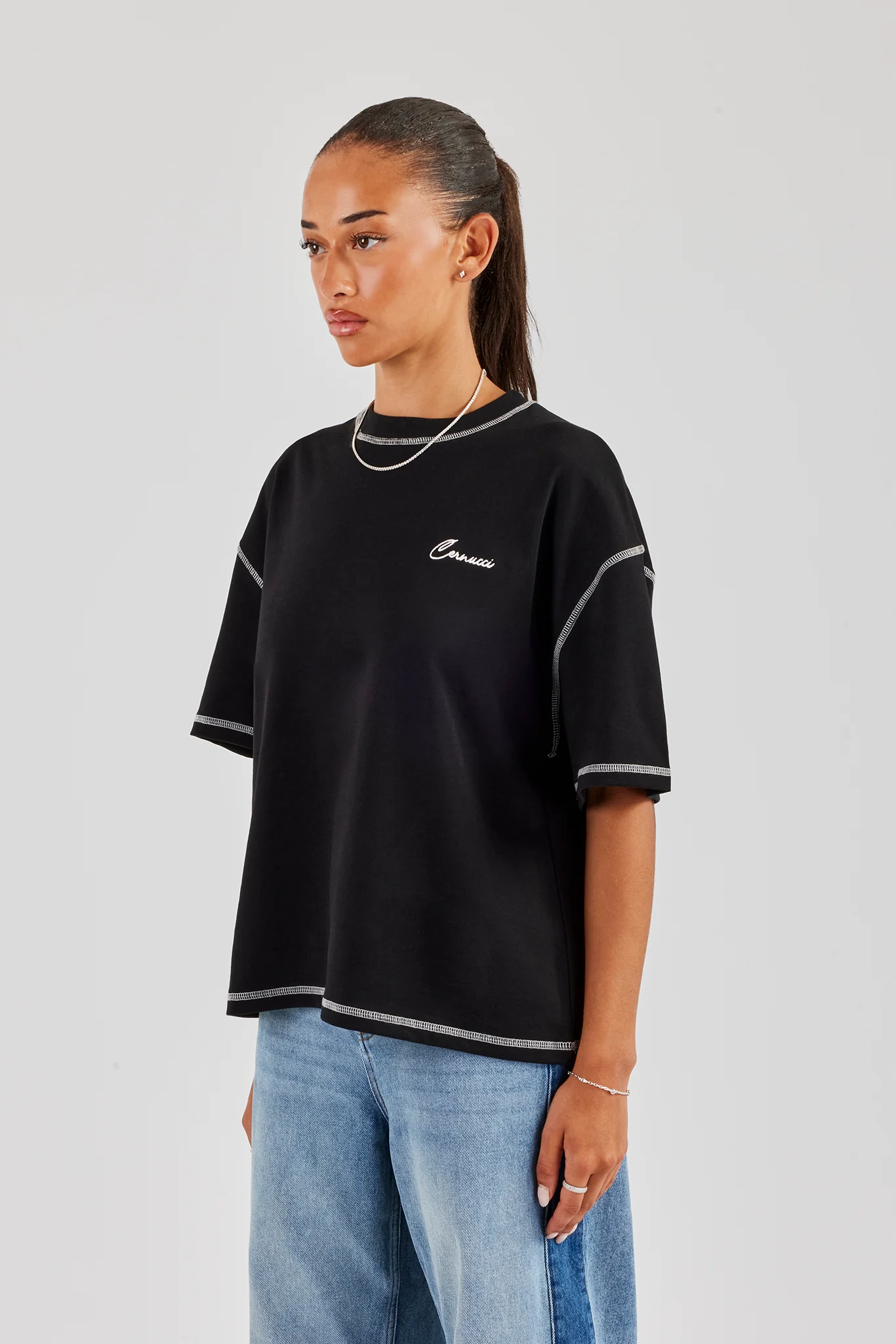 Cernucci Italia Contrast Stitch Oversized T-Shirt - Black - Image 3
