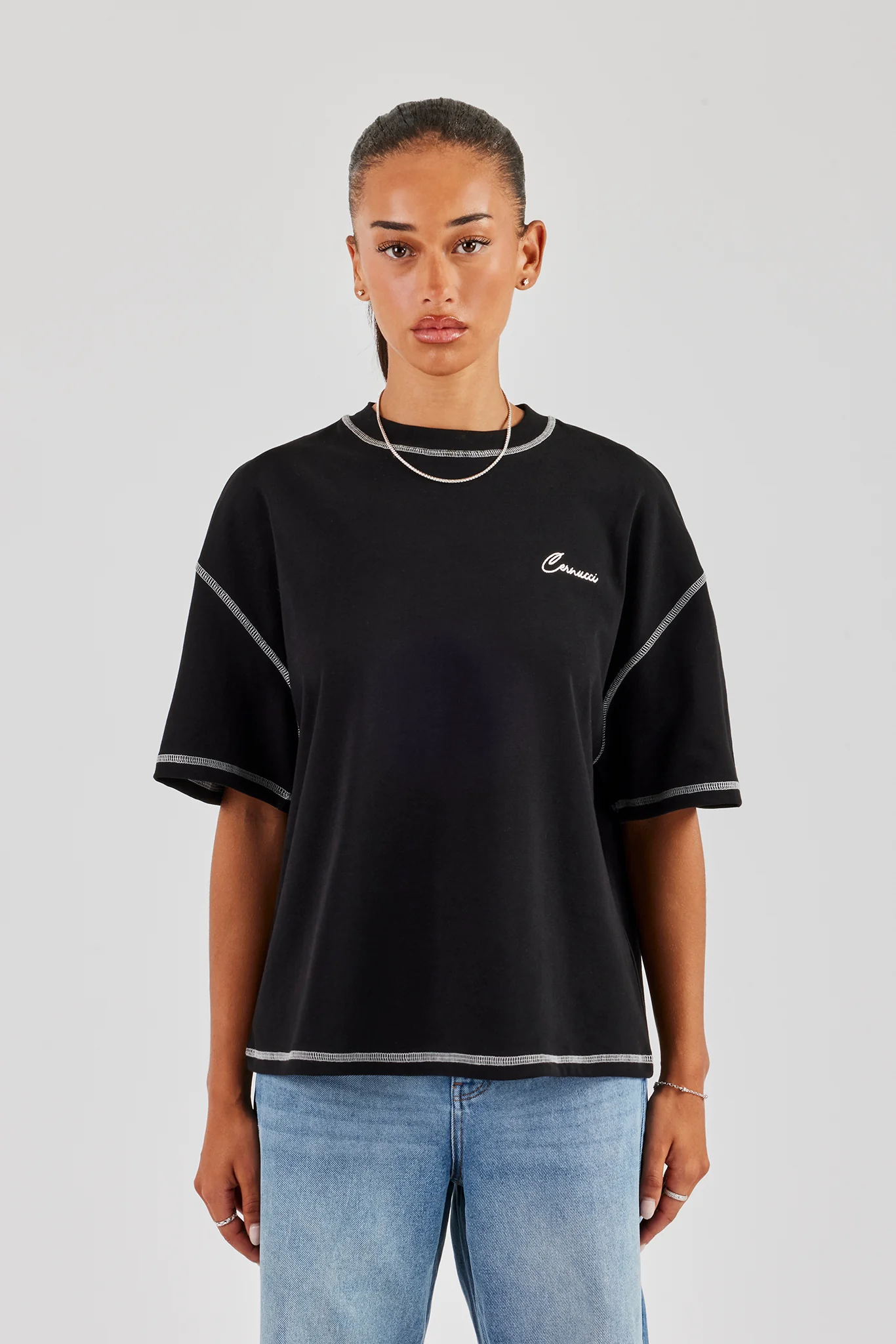 Cernucci Italia Contrast Stitch Oversized T-Shirt - Black - Image 4