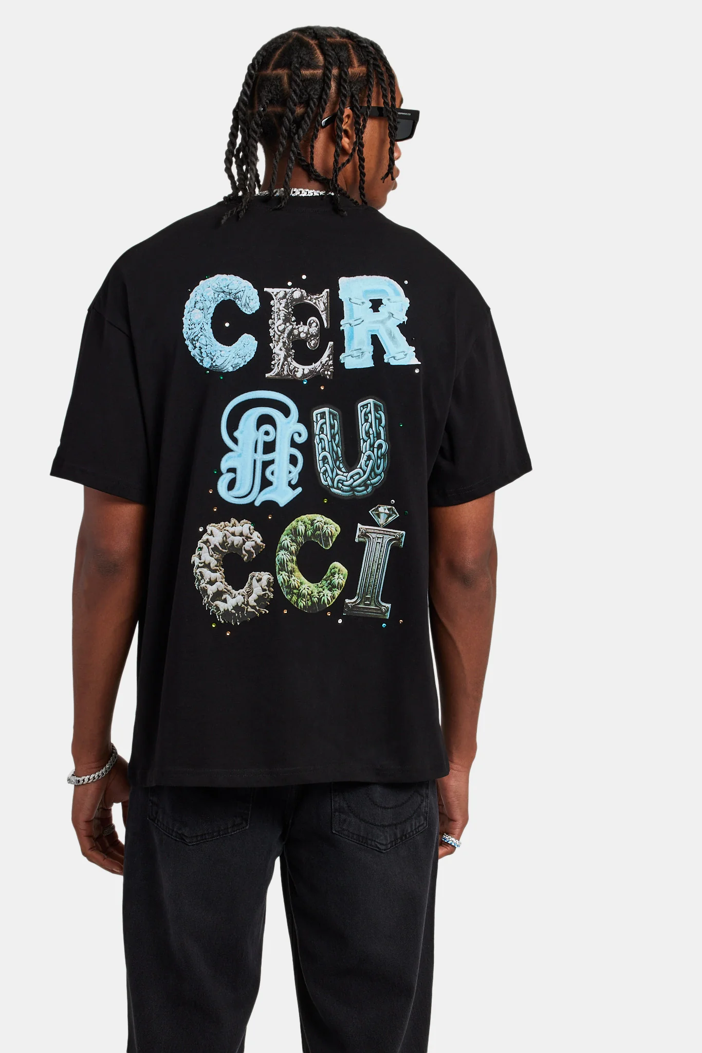Cernucci Letter Rhinestone Oversized T-Shirt - Black - Image 2