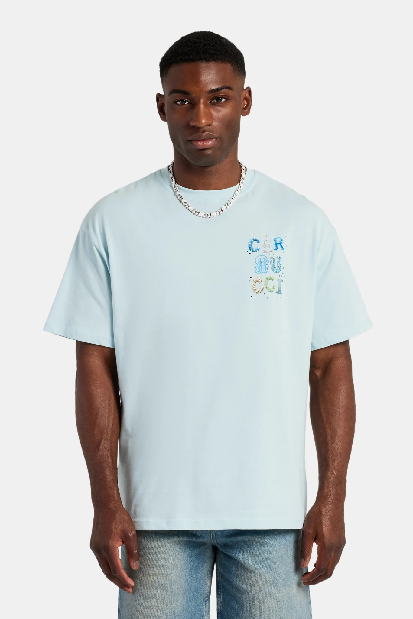 Cernucci Letter Rhinestone Oversized T-Shirt - Light Blue - Image 2