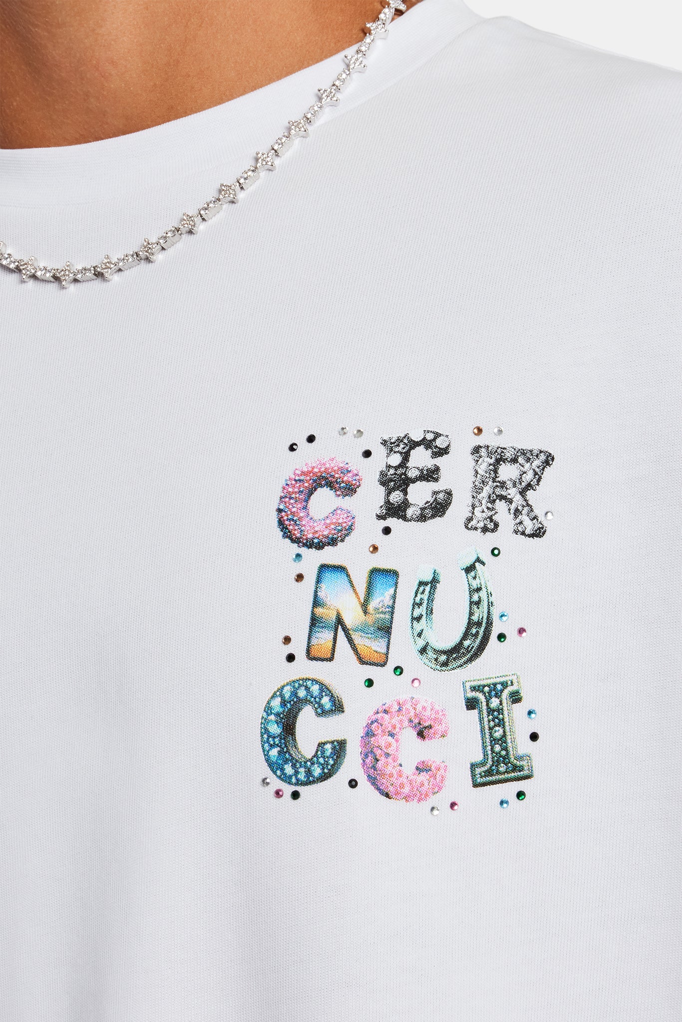 Cernucci Letter Rhinestone Oversized T-Shirt  - White - Image 3