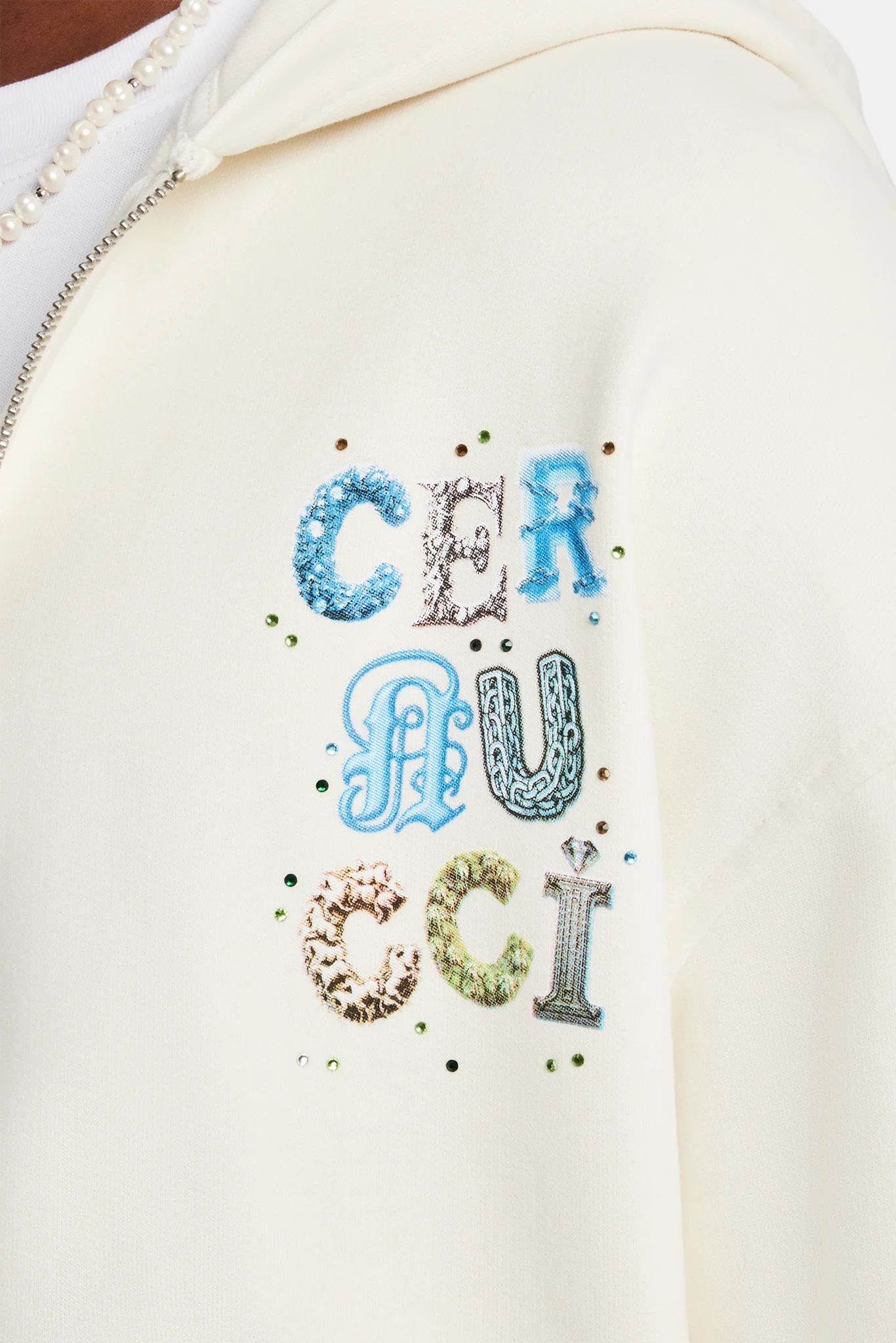 Cernucci Letter Rhinestone Zip Through Hoodie & Short Set - Off White - Image 3