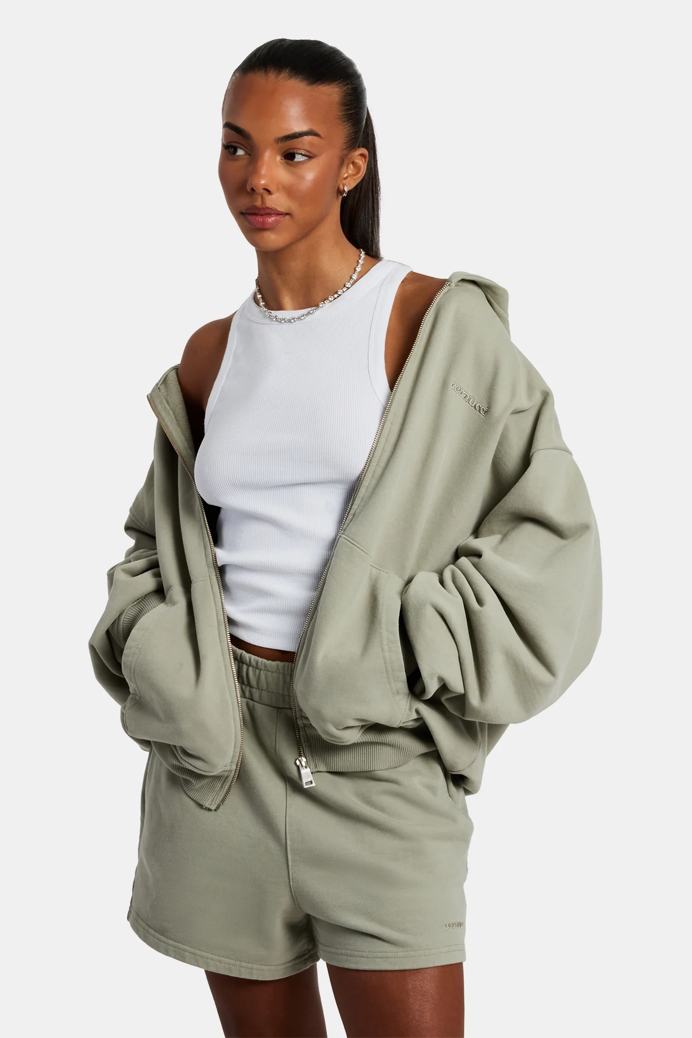Cernucci Zip Through Hoodie & Short Set - Sage - Image 3