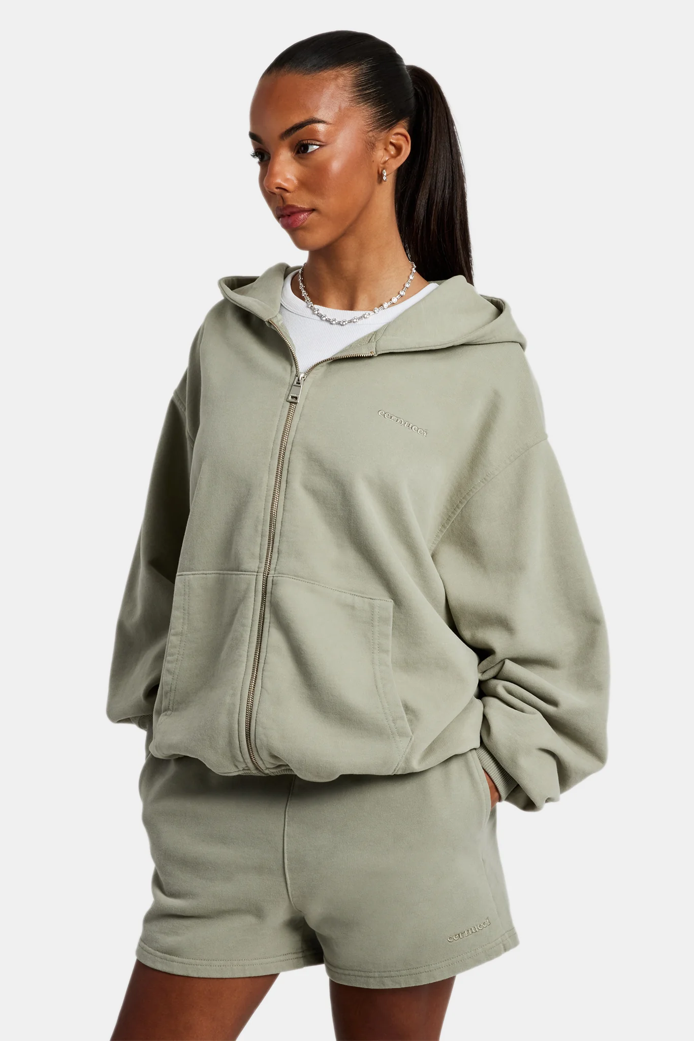 Cernucci Zip Through Hoodie & Short Set - Sage - Image 7