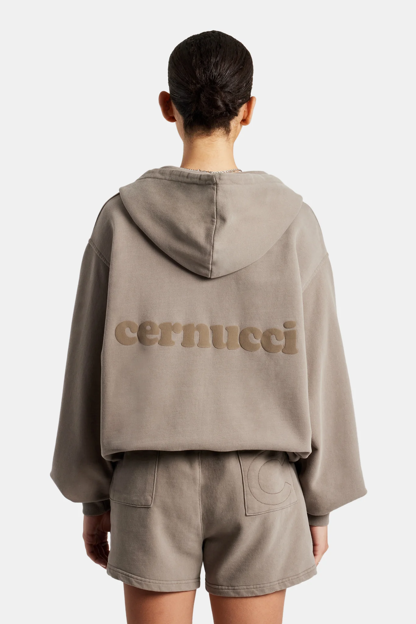 Cernucci Zip Through Hoodie & Short Set - Taupe - Image 3