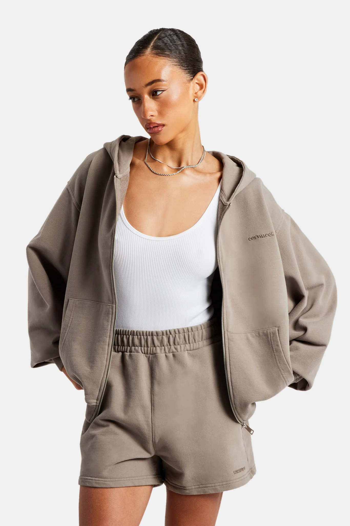 Cernucci Zip Through Hoodie & Short Set - Taupe - Image 5