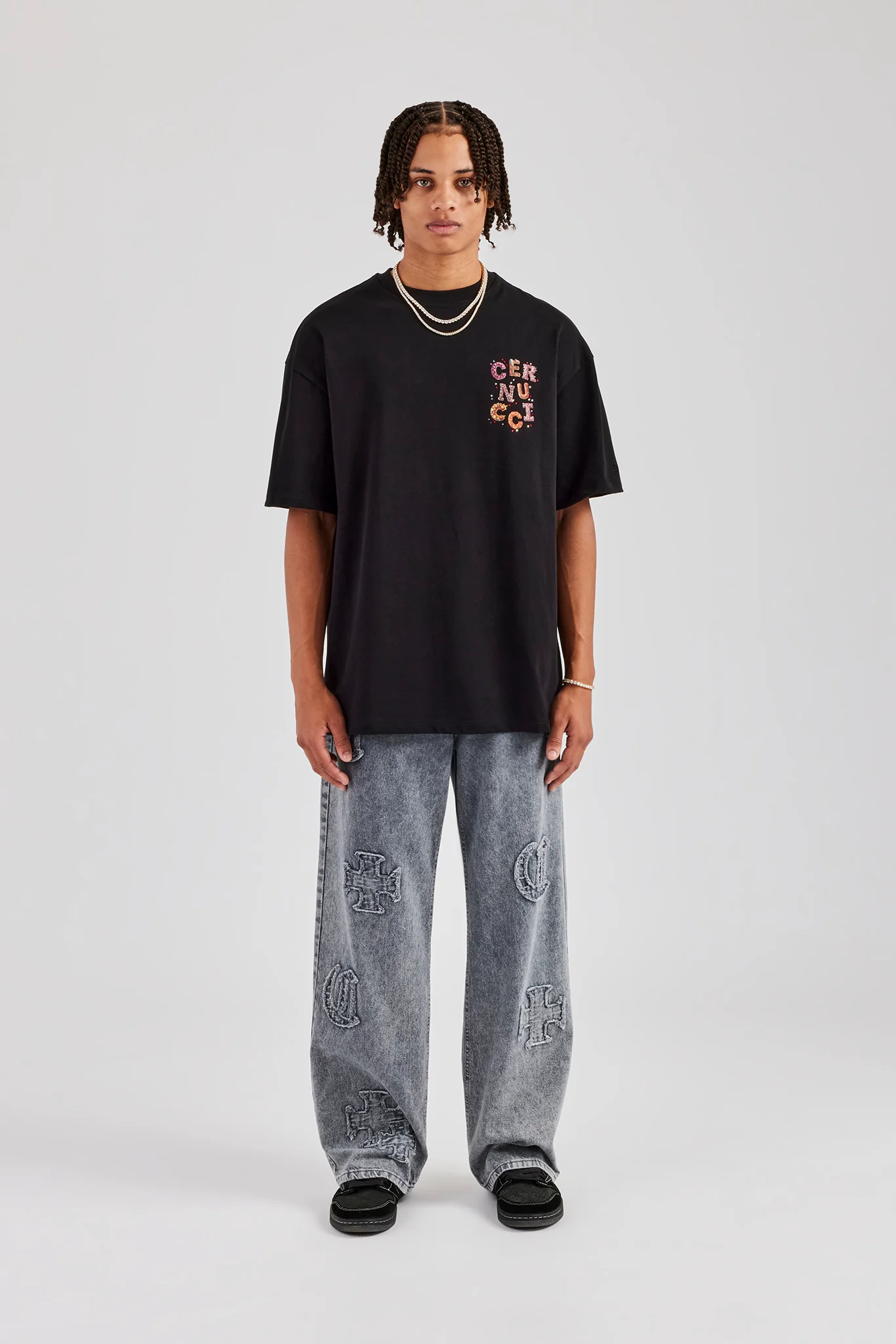 Cernucci Orange Letter Rhinestone Oversized T-Shirt - Black - Image 4