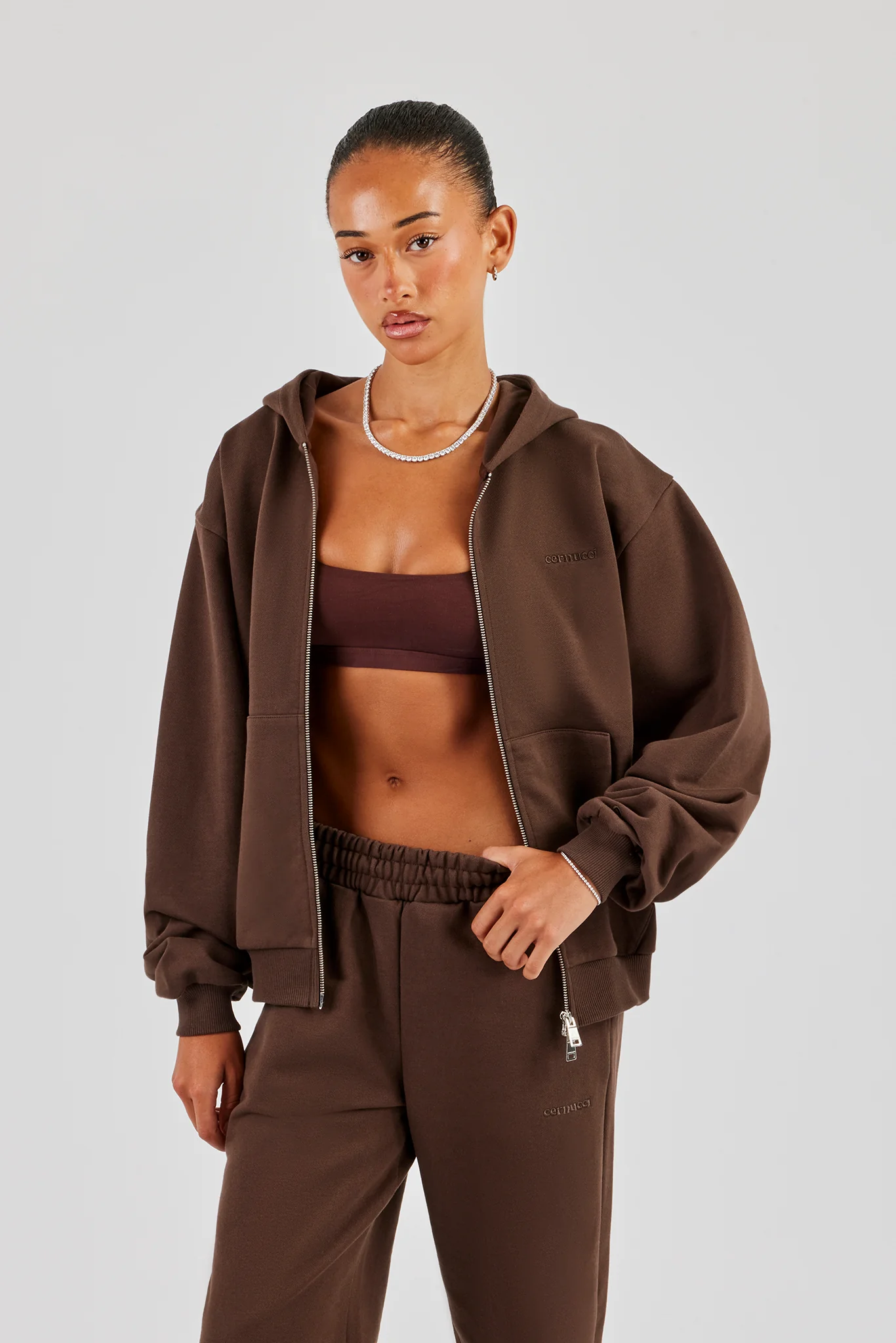Cernucci Oversized Zip Through Hoodie - Chocolate - Image 3