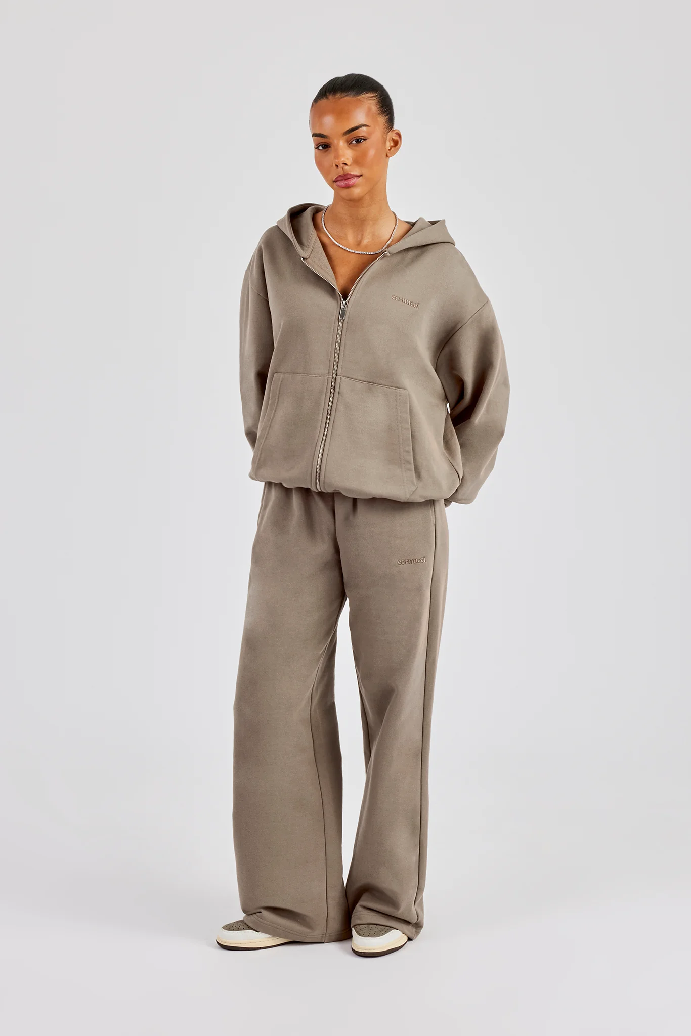Cernucci Oversized Zip Through Hoodie & Wide Leg Jogger - Taupe - Image 2
