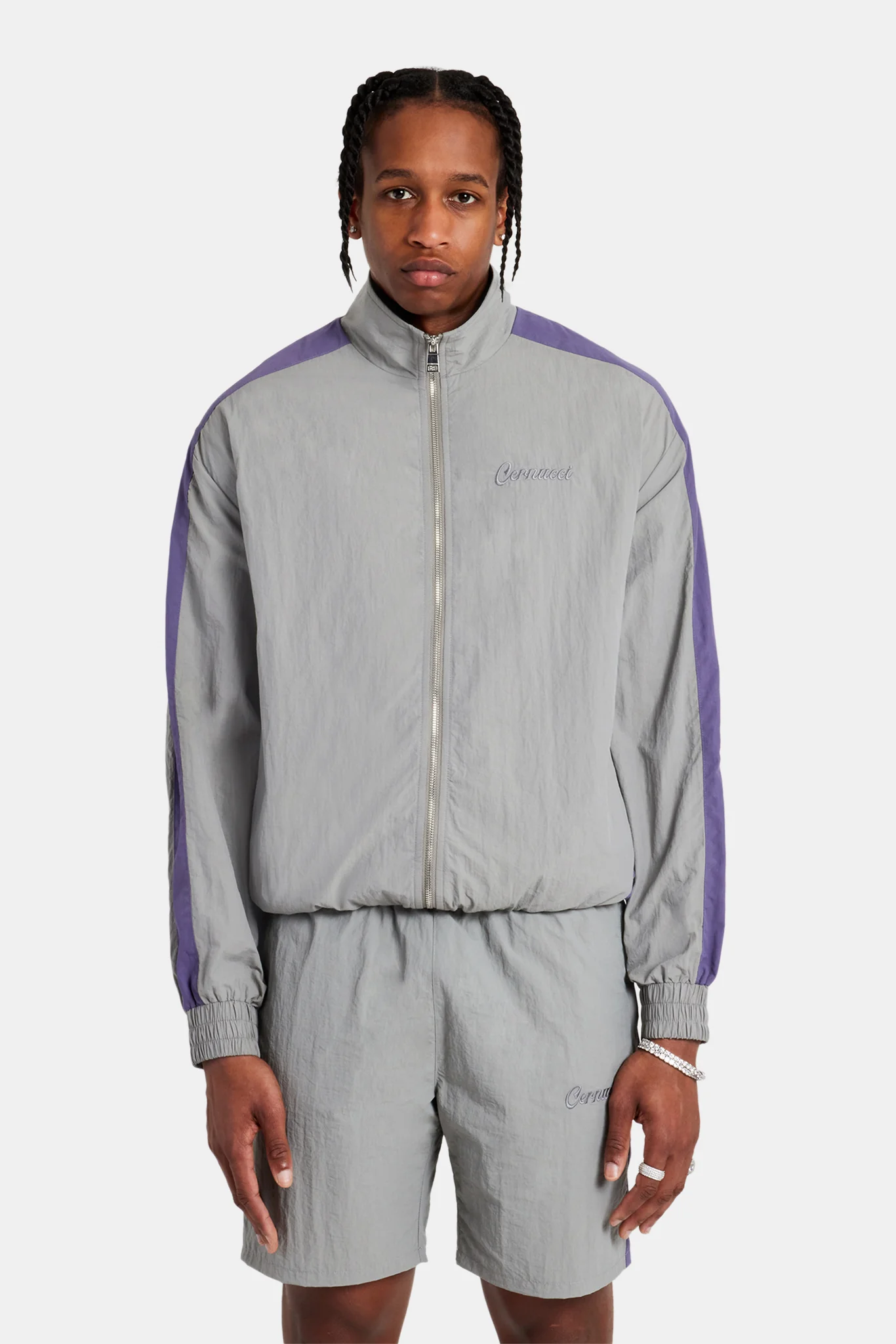 Cernucci Panelled Nylon Track Jacket & Short Set - Charcoal - Image 3
