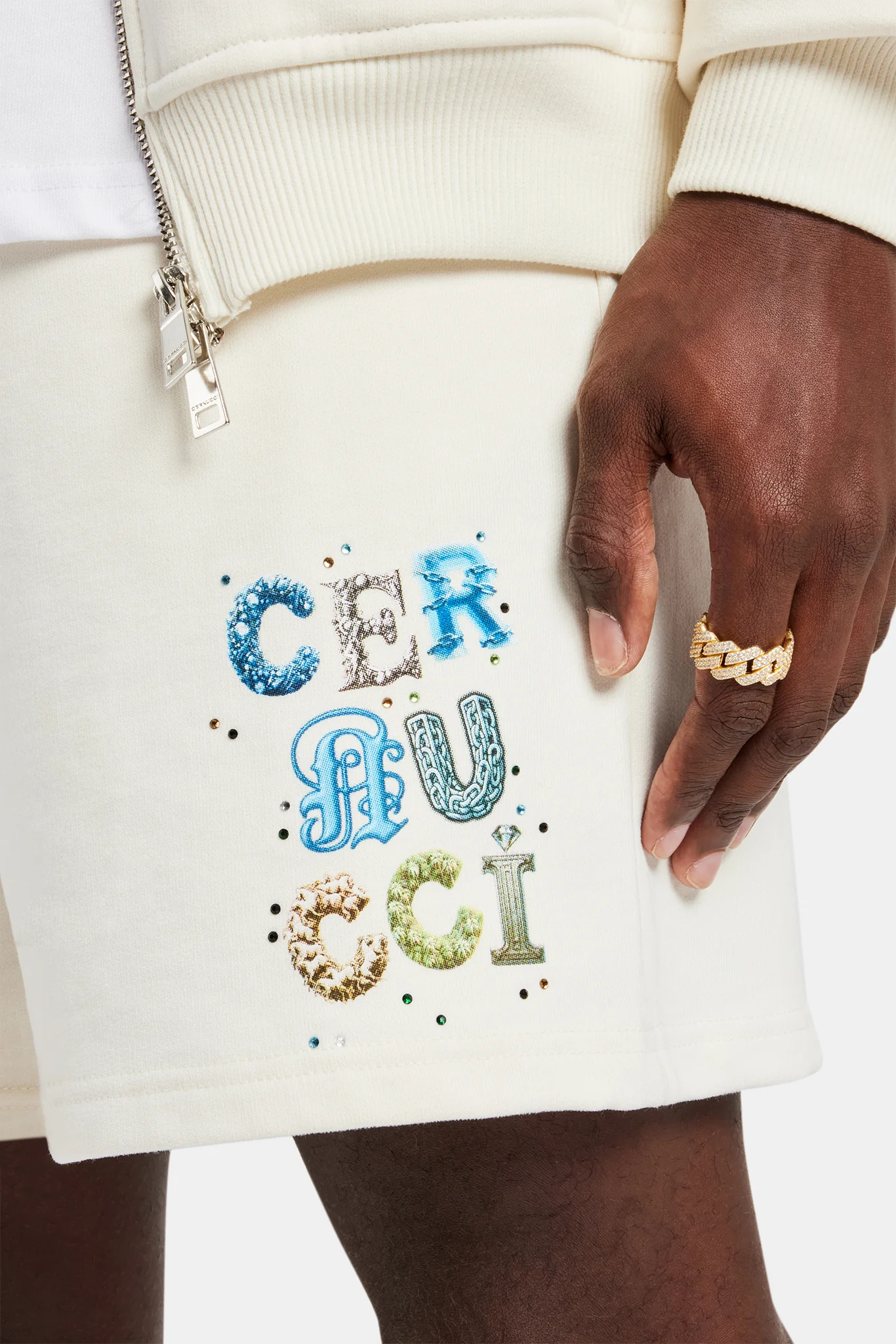 Cernucci Relaxed Letter Rhinestone Shorts - Off White - Image 2