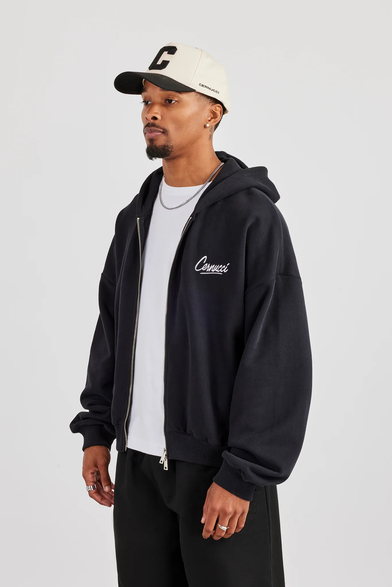 Cernucci Script Boxy Zip Through Hoodie - Black - Image 3
