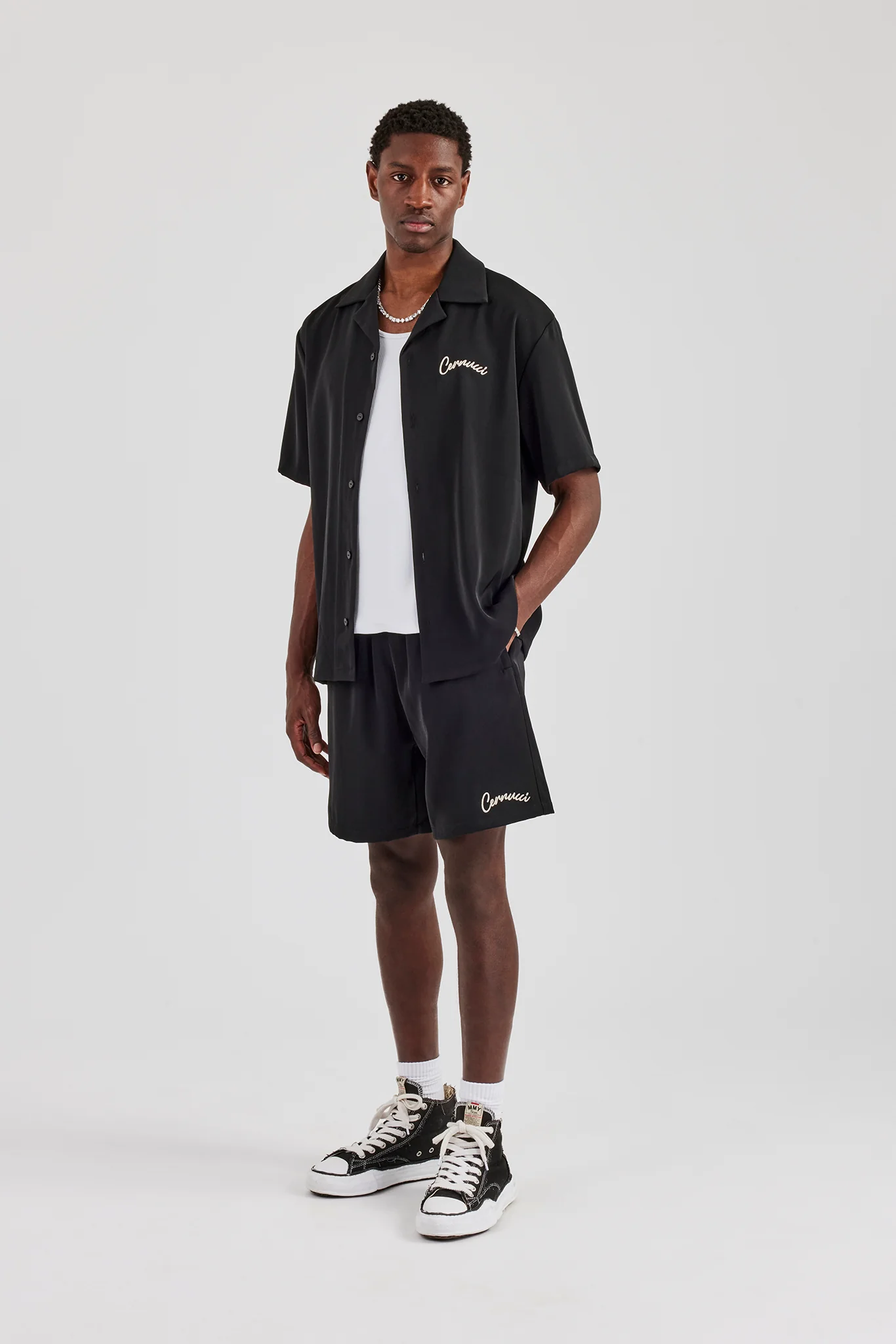 Cernucci Script Button Front Shirt & Short - Black - Image 2