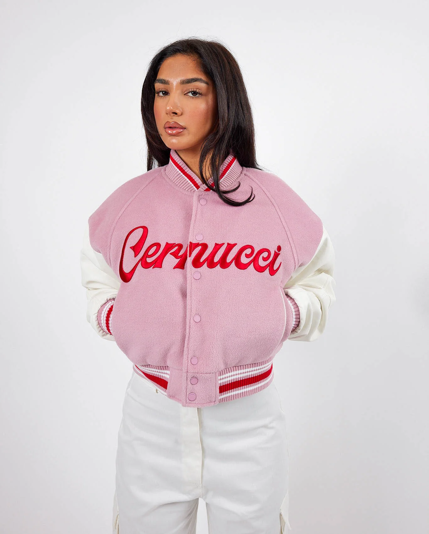 Cernucci Womens Varsity Bomber Jacket - Baby Pink - Image 4