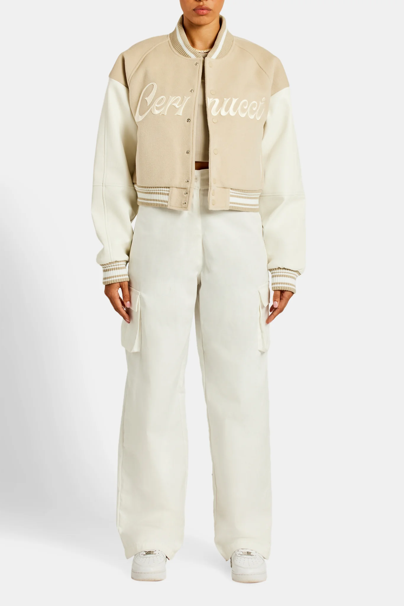 Cernucci Womens Varsity Bomber Jacket - Stone - Image 3