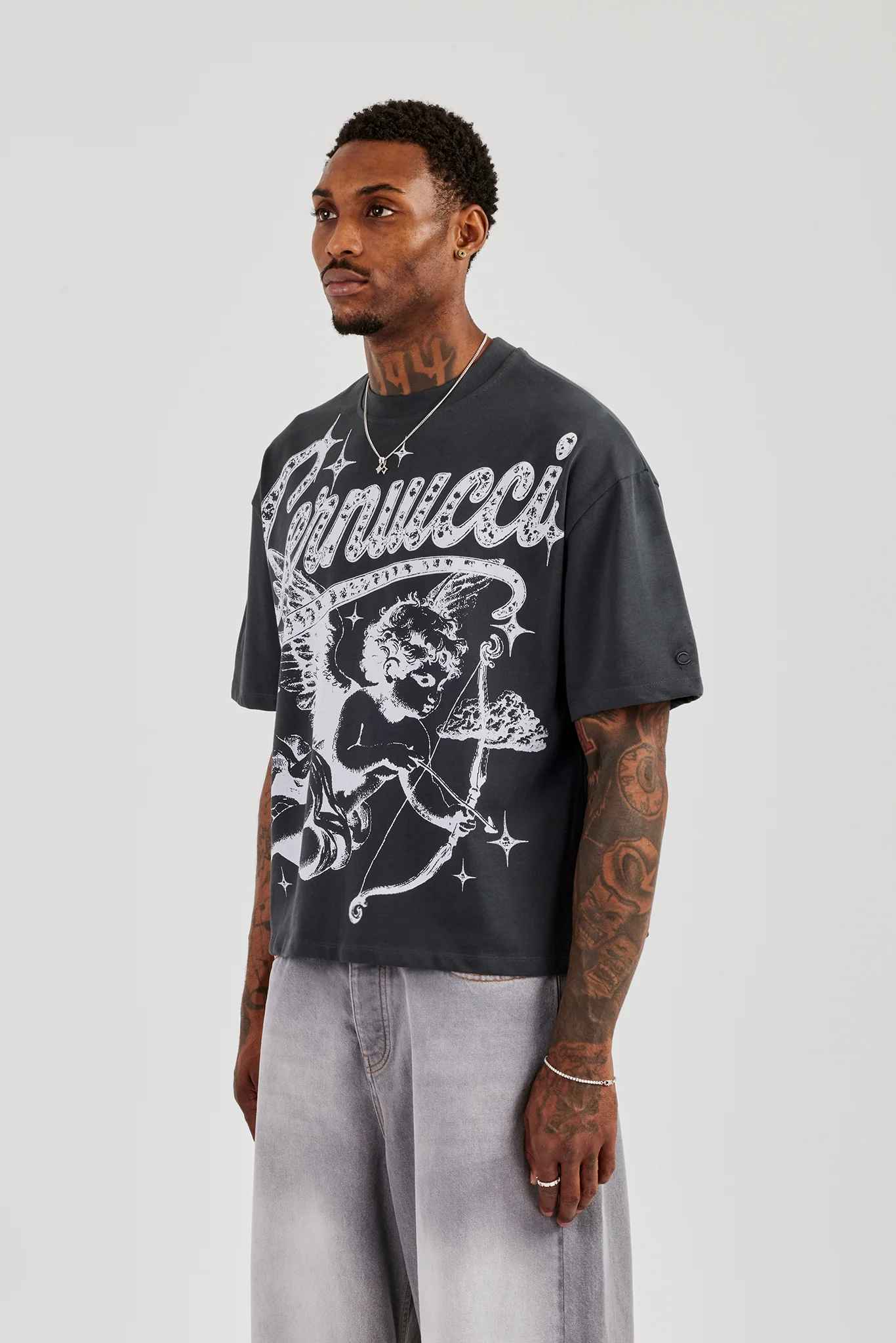 Cherub Print Boxy T-Shirt - Charcoal - Image 2