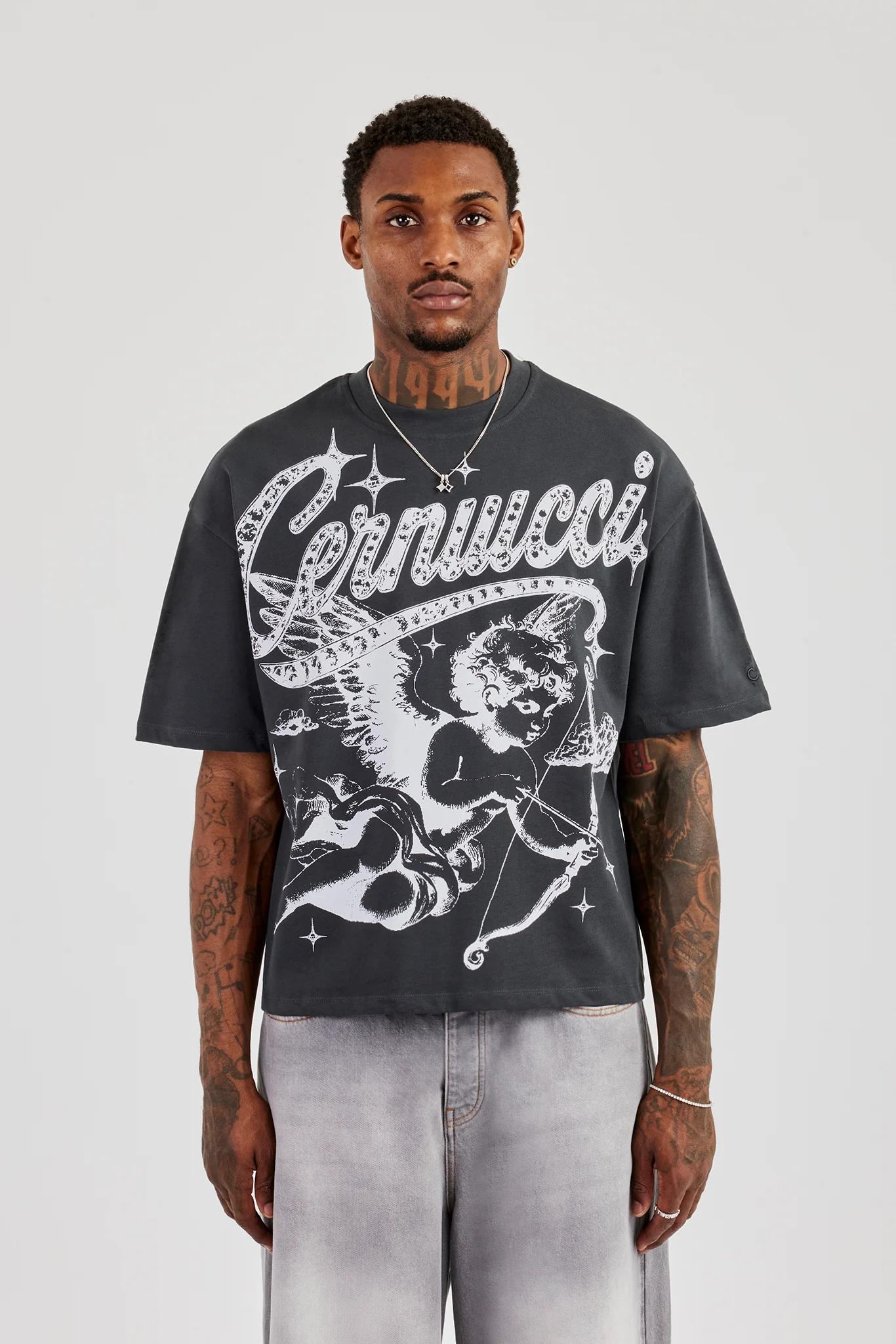 Cherub Print Boxy T-Shirt - Charcoal - Image 4