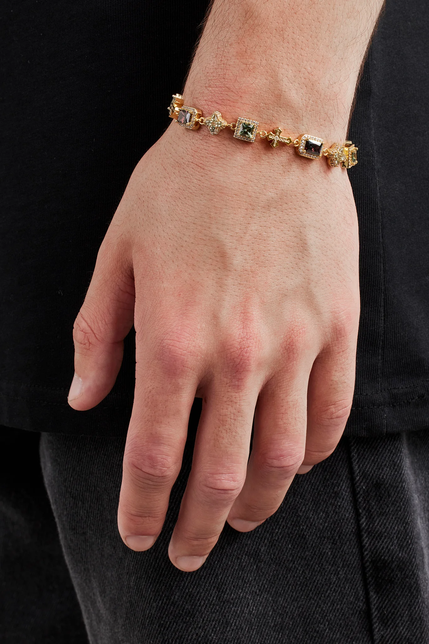 Chocolate Motif & Cross Multi Gemstone Bracelet - 8mm - Gold - Image 2