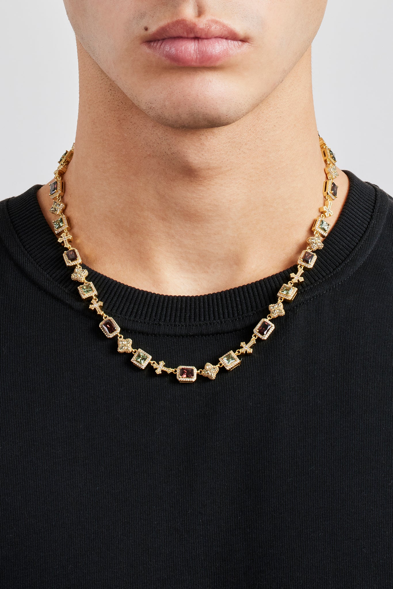 Chocolate Motif & Cross Multi Gemstone Chain - 8mm - Gold