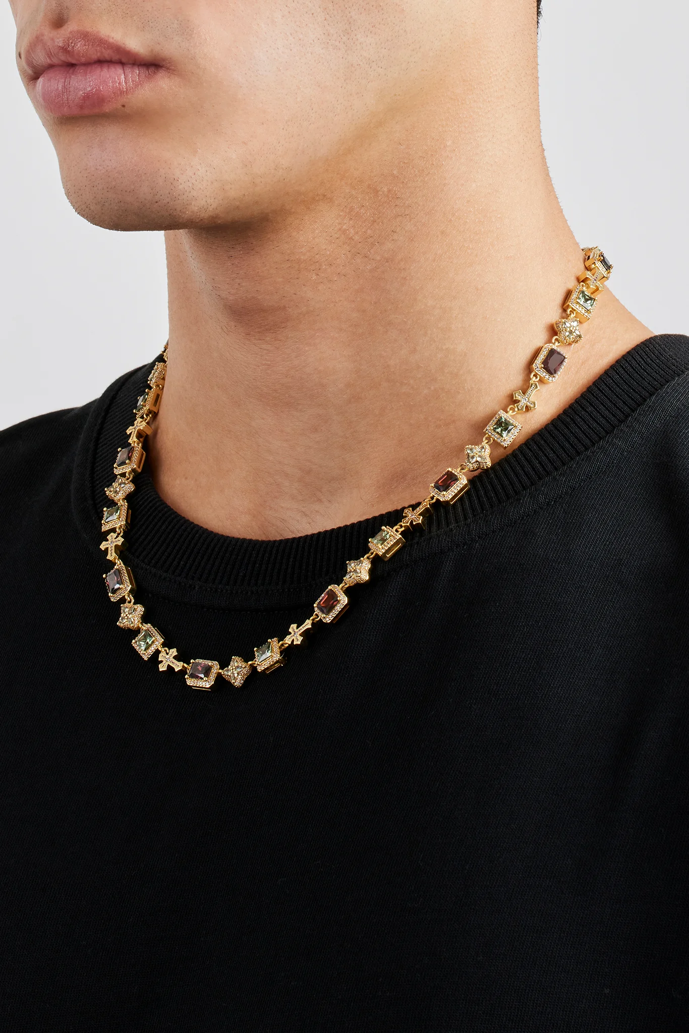 Chocolate Motif & Cross Multi Gemstone Chain - 8mm - Gold - Image 4