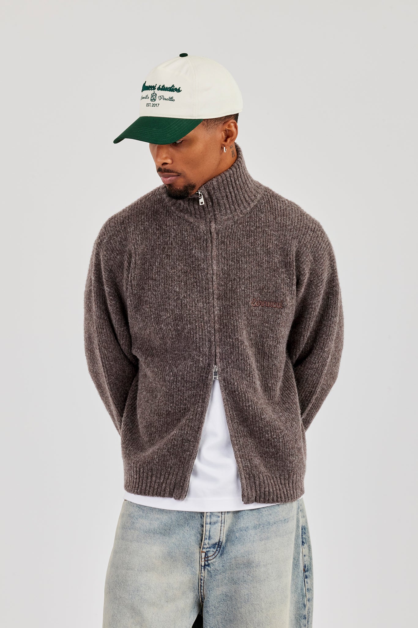 Knitted Funnel Neck Zip Through - Mocha