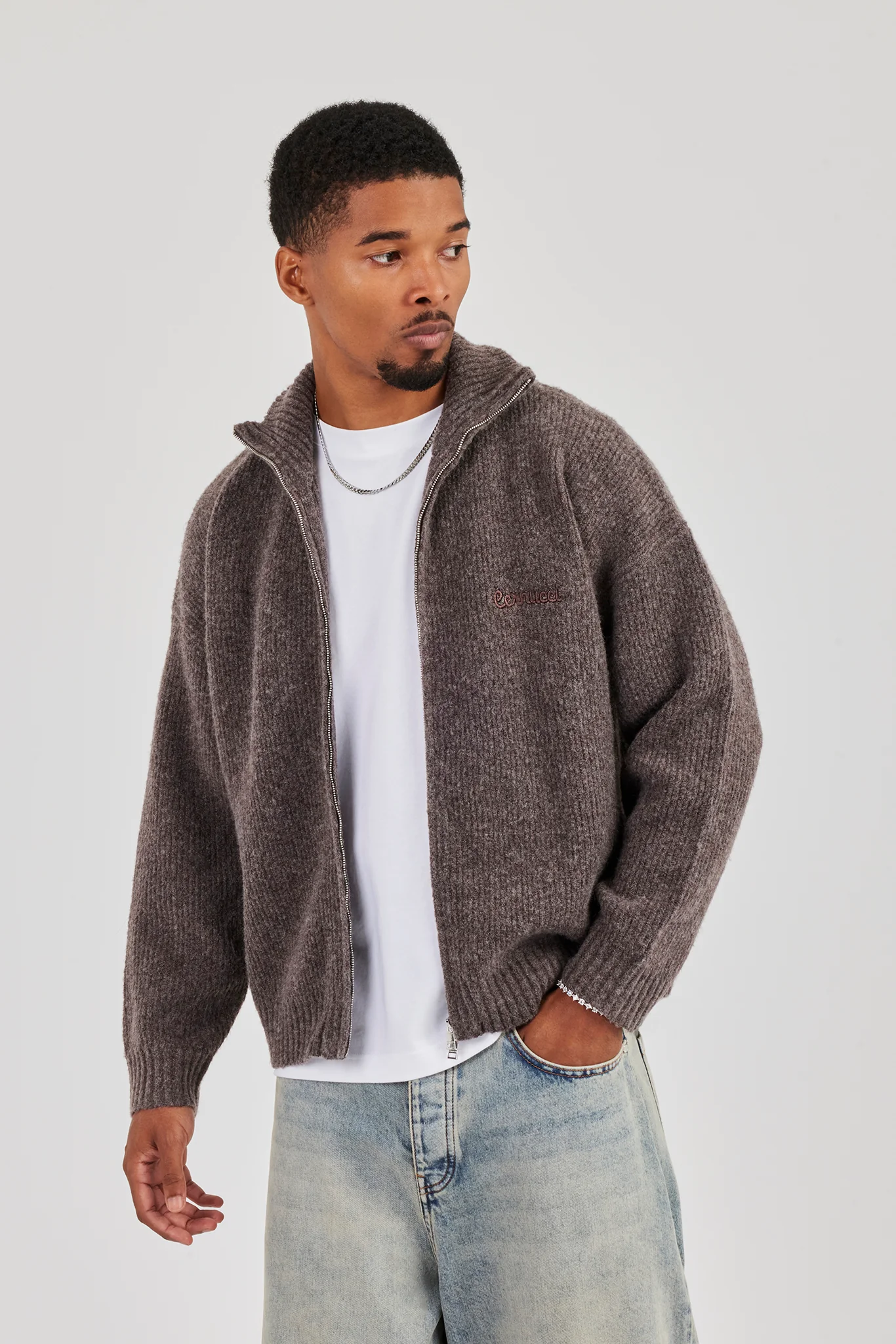 Knitted Funnel Neck Zip Through - Mocha - Image 2
