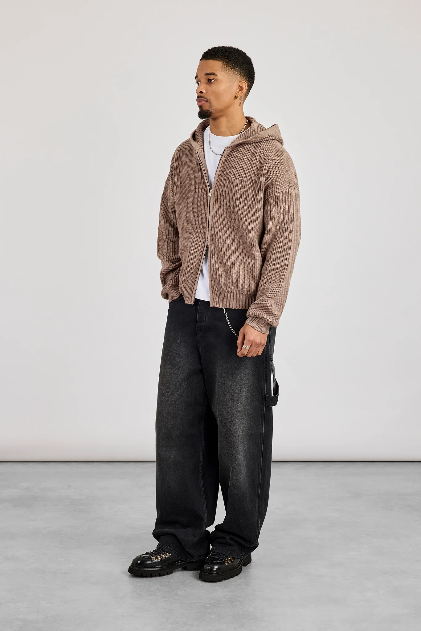 Chunky Knitted Zip Through Hoodie - Taupe - Image 2