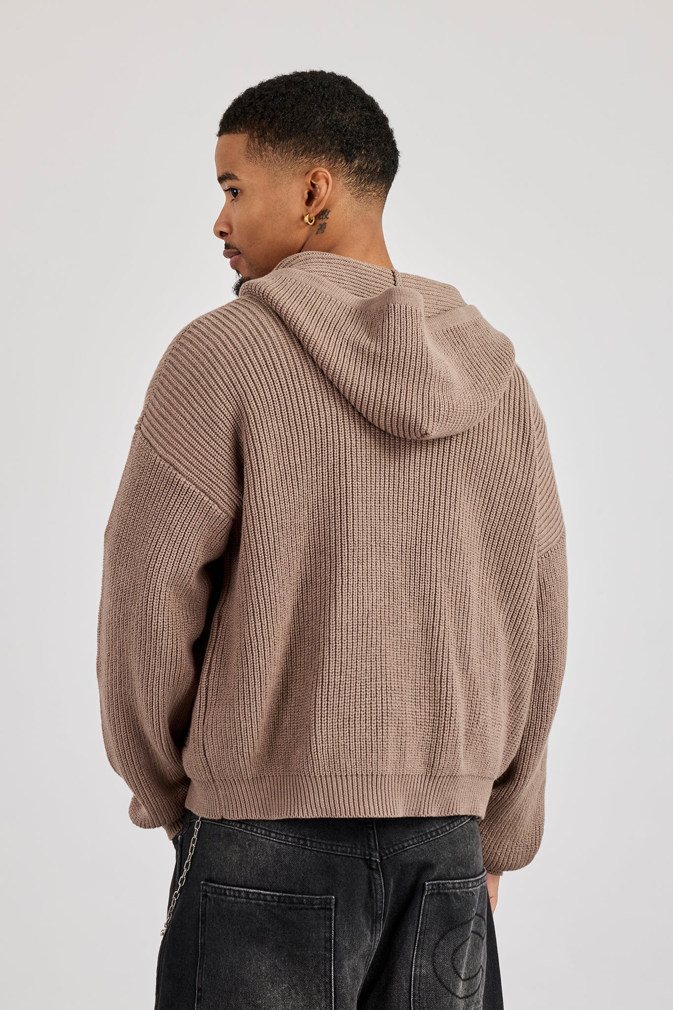 Chunky Knitted Zip Through Hoodie - Taupe - Image 3