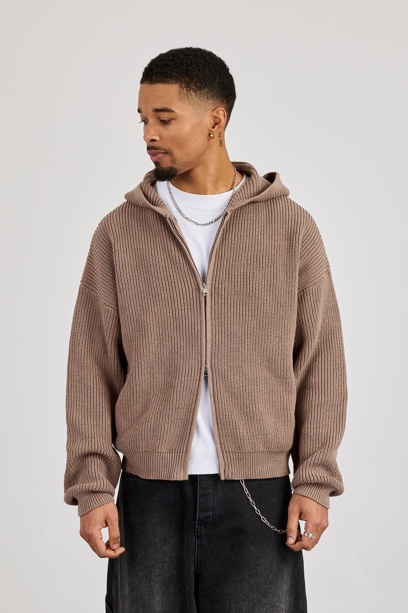 Chunky Knitted Zip Through Hoodie - Taupe - Image 4